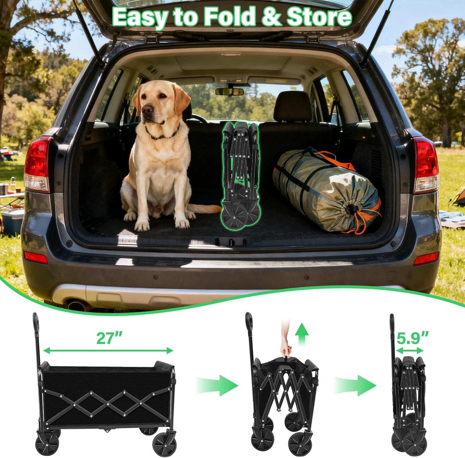 Collapsible Wagons Carts Foldable Wagon,360lbs Folding Wagon Cart with Wheels, Lightweight Foldable Cart with Drink Holders for Camping Picnic Grocery Shopping Garden Travel Sports