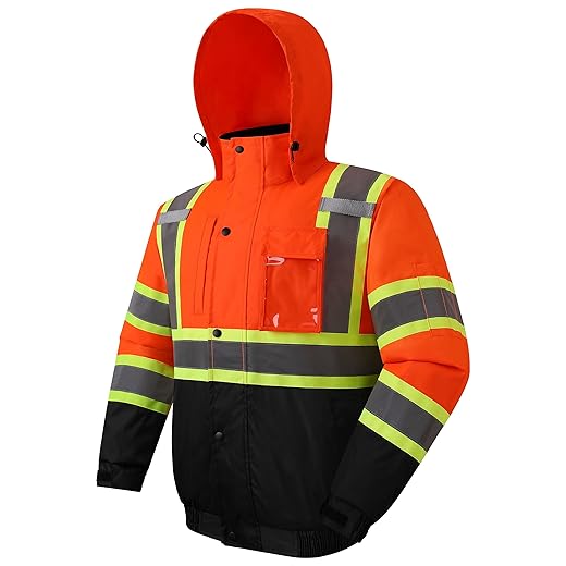 JKSafety Hi-Vis Winter Safety Bomber Jacket for men and women | Winter Safety Jacket Durable and Waterproof | Construction Work Jacket for Winter | Cold Weather PPE | ANSI Compliant (116-Black L)