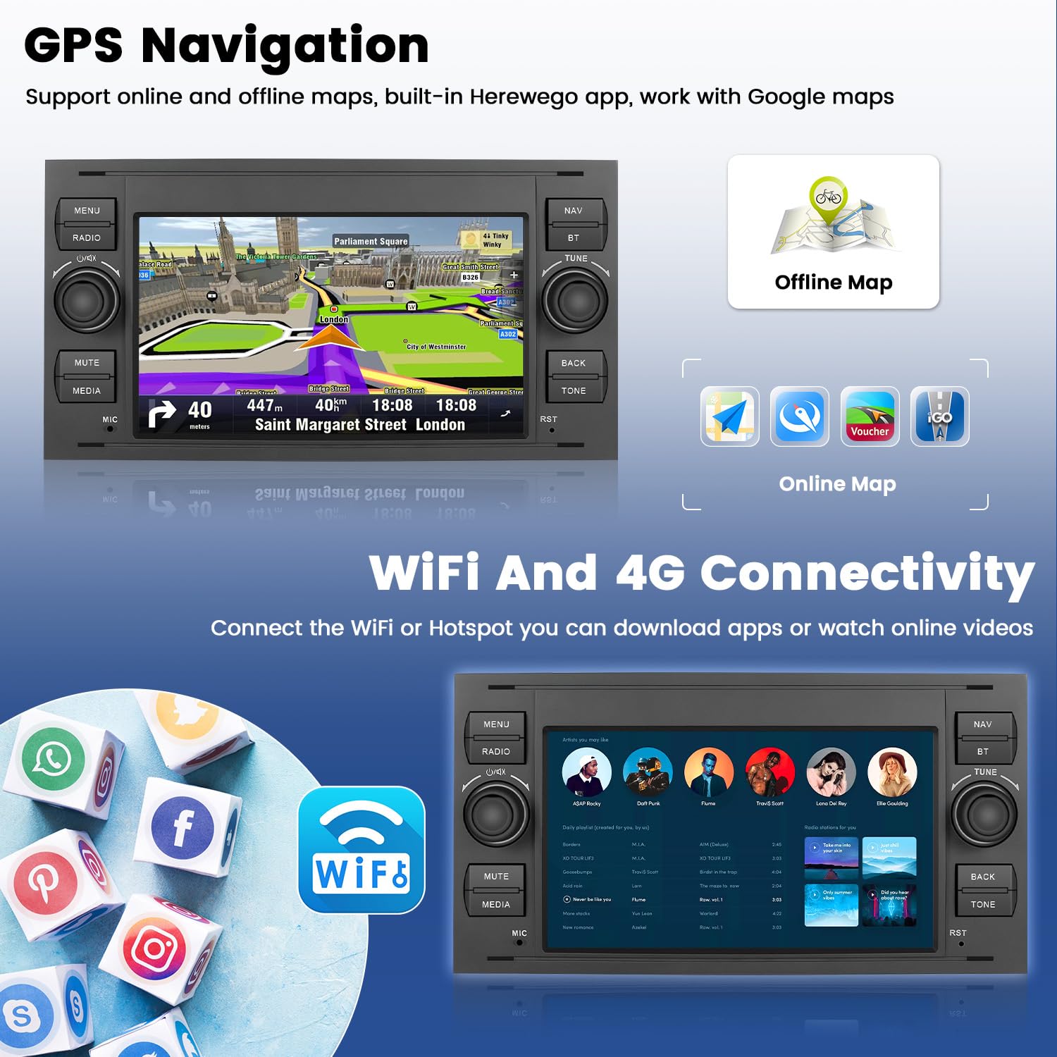 Autoradio Android 4+64GB Per Ford Focus, C-Max, S-Max, Mondeo, Kuga, Galaxy - 7 Pollici Touch, CarPlay Wireless, GPS, Bluetooth, Telecamera Retro