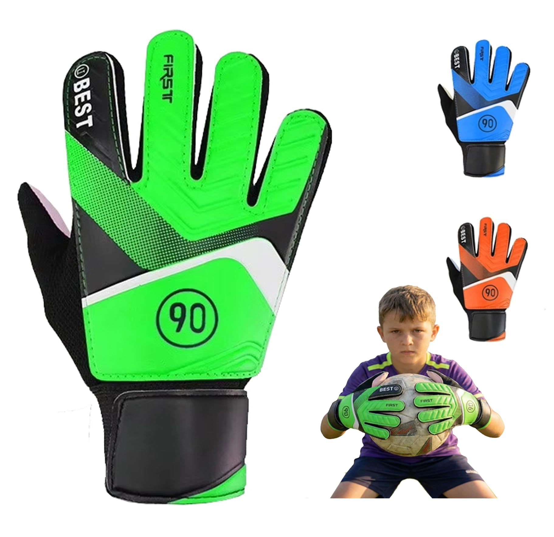 GEARX Junior Football Goalkeeper Gloves, Calm Blue, Kids Soccer Glove with Breathable Grip Palms, Green, size 5