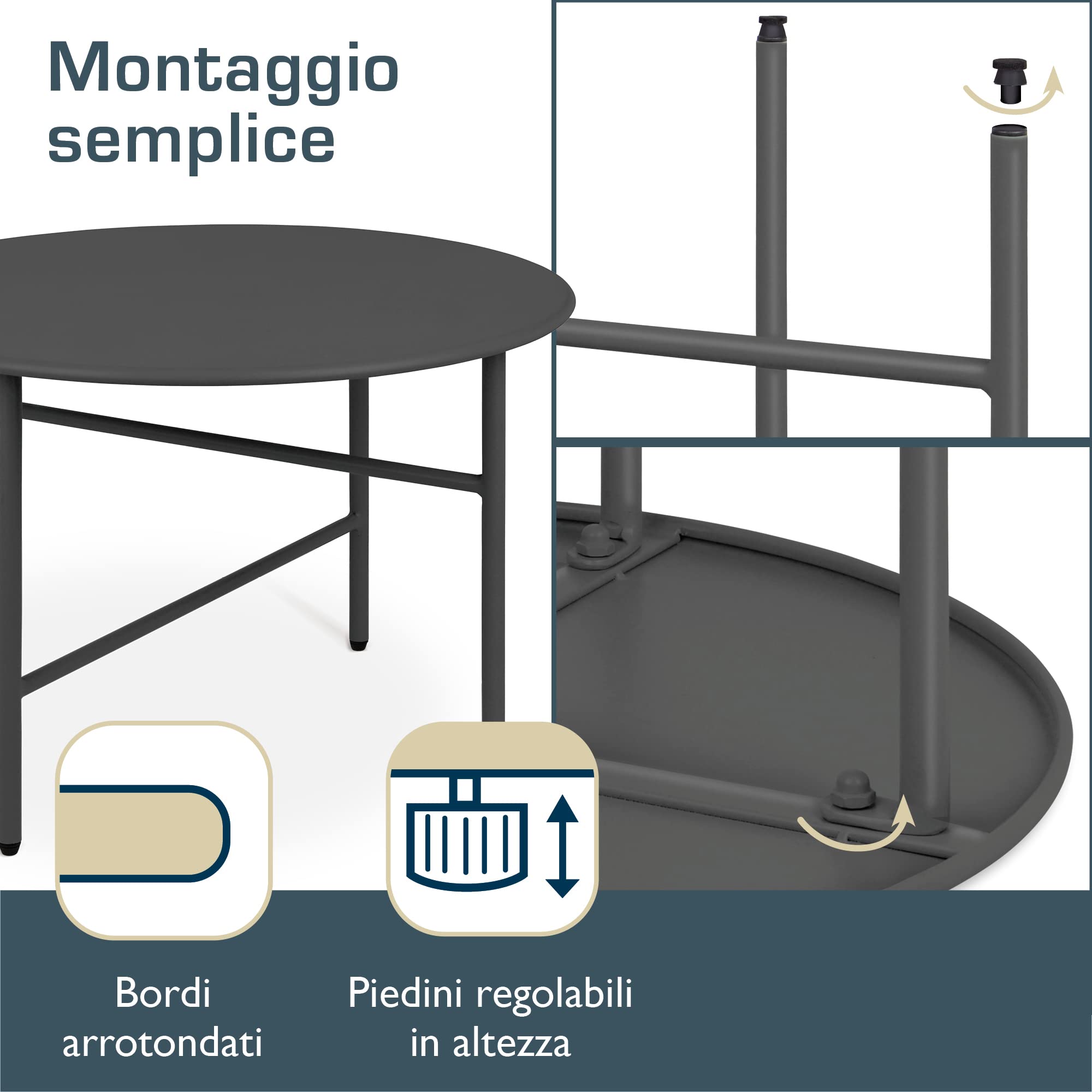 bomoe Set di 2 Tavolino rotondo in metallo nero resistente ai graffi - Altezza e diametro inferiori - Tavoli da salotto stabili Tavolo da giardino per interni e per esterni - Finn