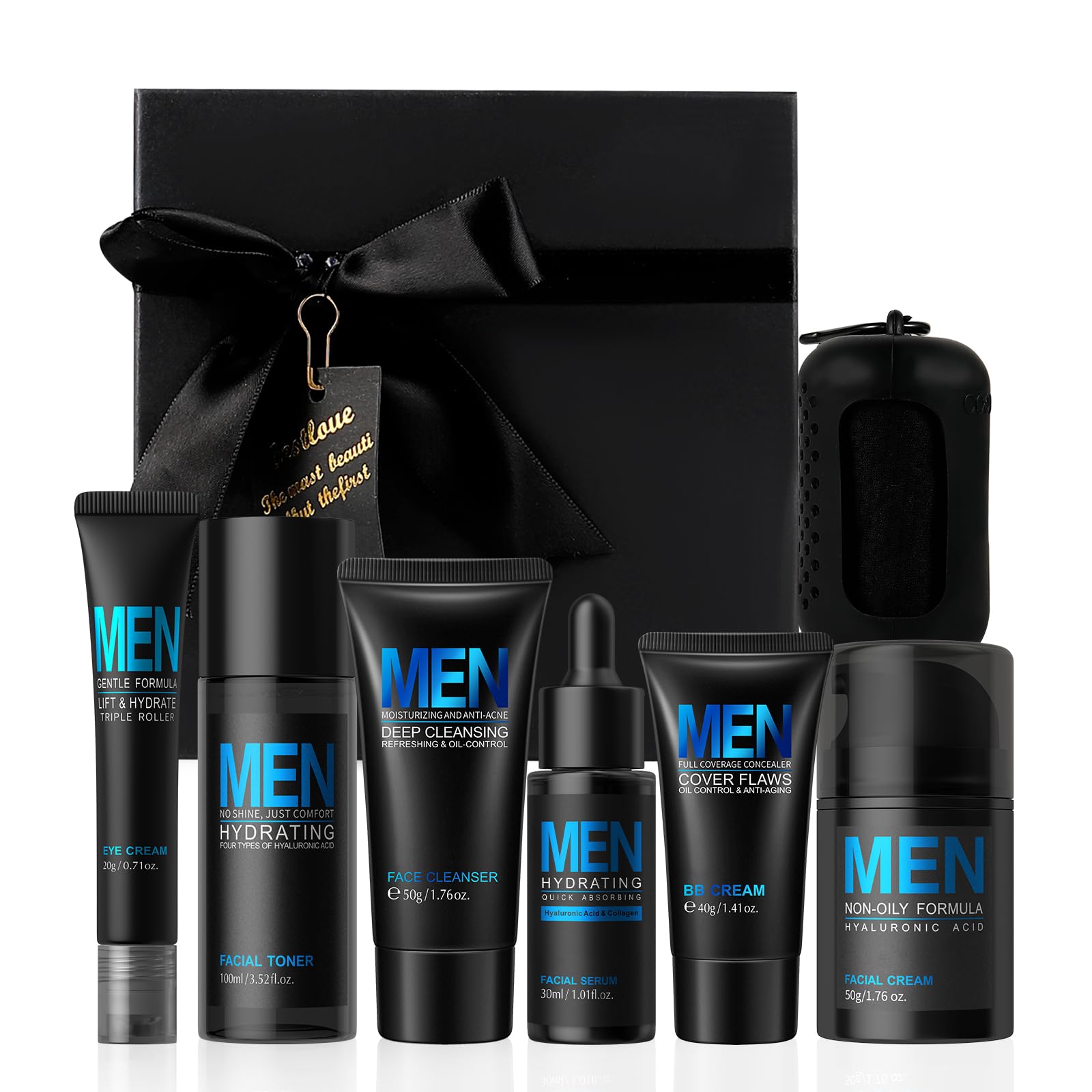 Set Cuidado Facial Hombre, 7 piezas Skincare Set Men, con Limpiador, Loción, Tónico, Sérum, Contorno de Ojos y BB Cream, para Día y Noche Hidratante y Cuidado Diario de la Piel