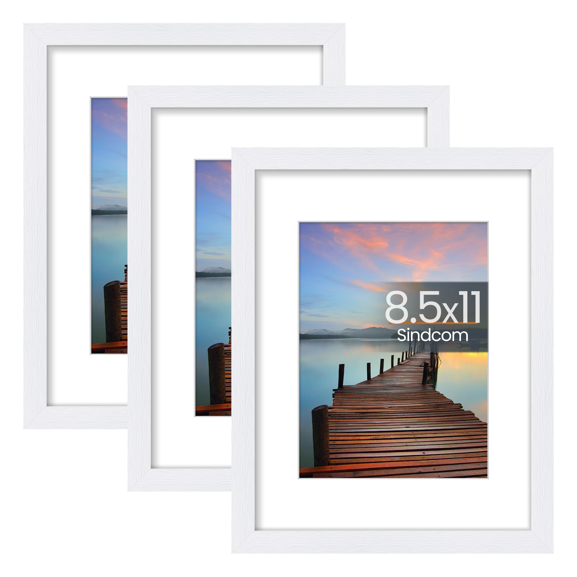 8.5x11 Picture Frame 3 Pack, Poster Frames with Detachable Mat for 6x8 Prints, Horizontal and Vertical Hanging Hooks for Wall Mounting, White Photo Frame for Gallery Home Décor
