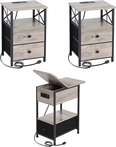 AMHANCIBLE Mesita de noche con estación de carga, mesa auxiliar abatible con puertos USB y tomacorrientes