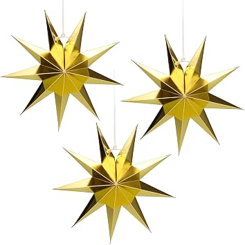 3 Pcs Gold Paper Stars Lantern 12 inch Christmas Hanging Decorations 9-Pointed Paper Stars for Wedding Birthday Party Home Decor, Mirror Star Ornaments