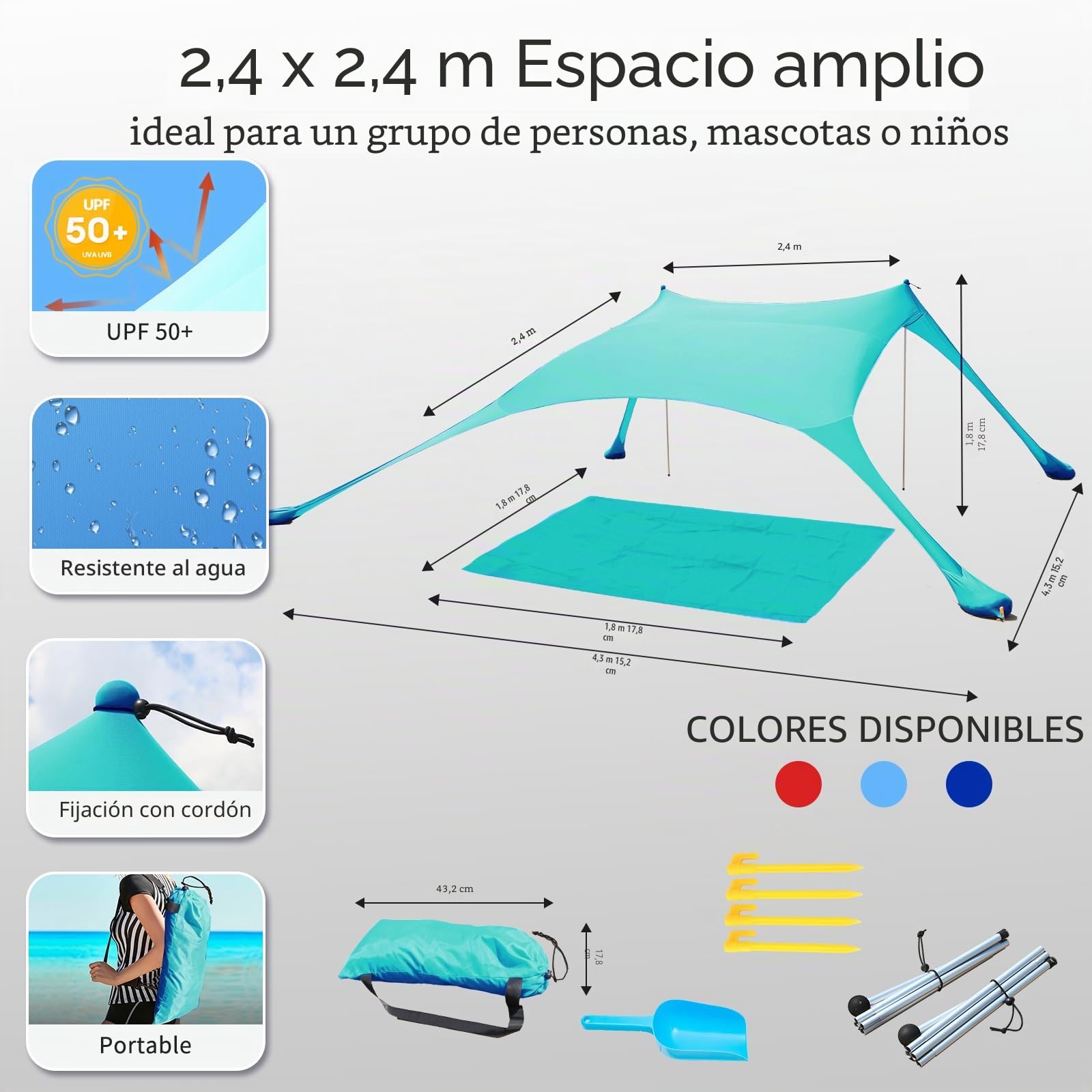 Tienda de campaña de playa, 2 x 2,1 m, protección y solar de licra, antiviento, patio trasero con manta de playa