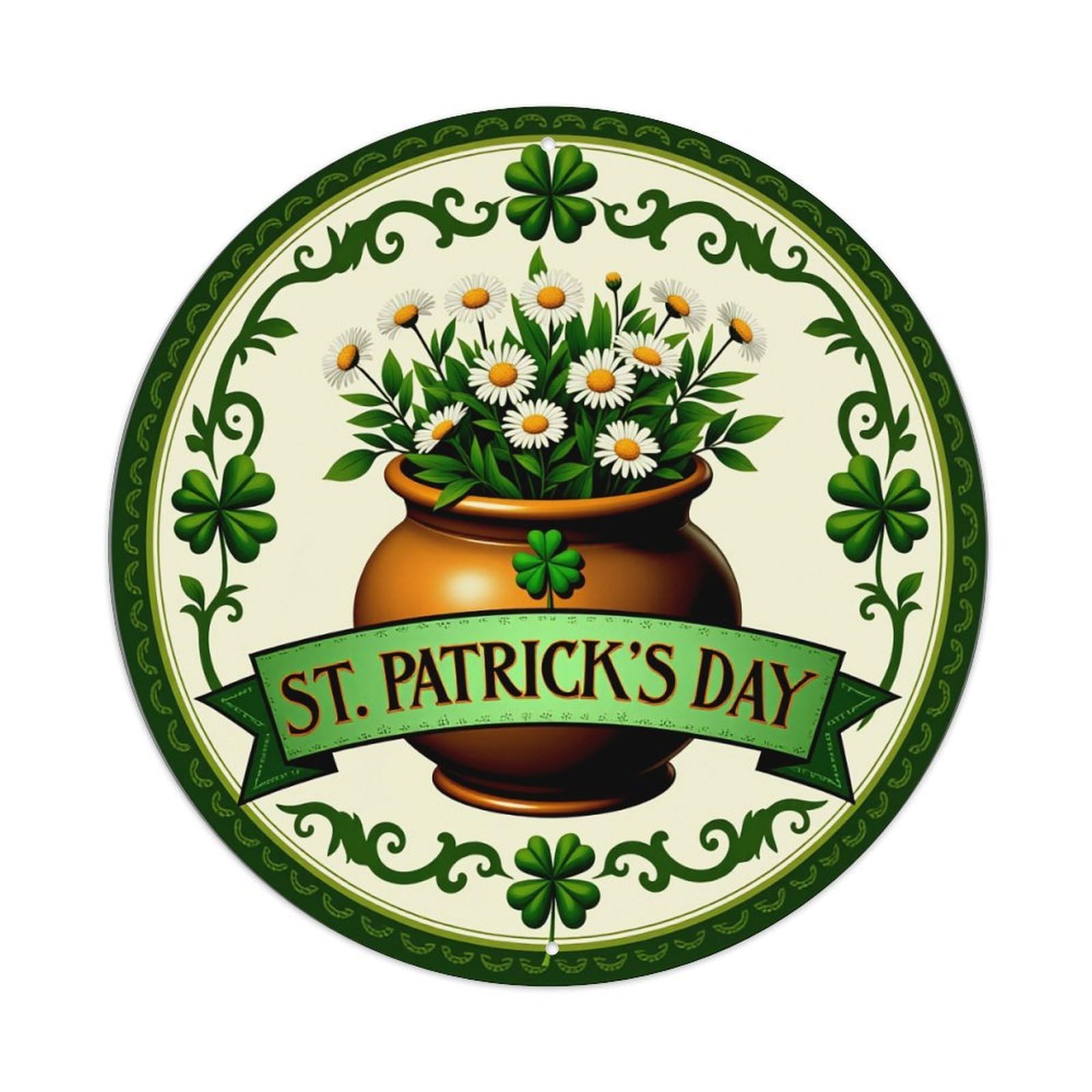 St Patrick's Day Floral Pot Round Tin Sign Retro Metal Sign for Cafe Bar Pub Home Game Room Gym Club Wall Decoration Vintage Metal Poster 8x8 Inch