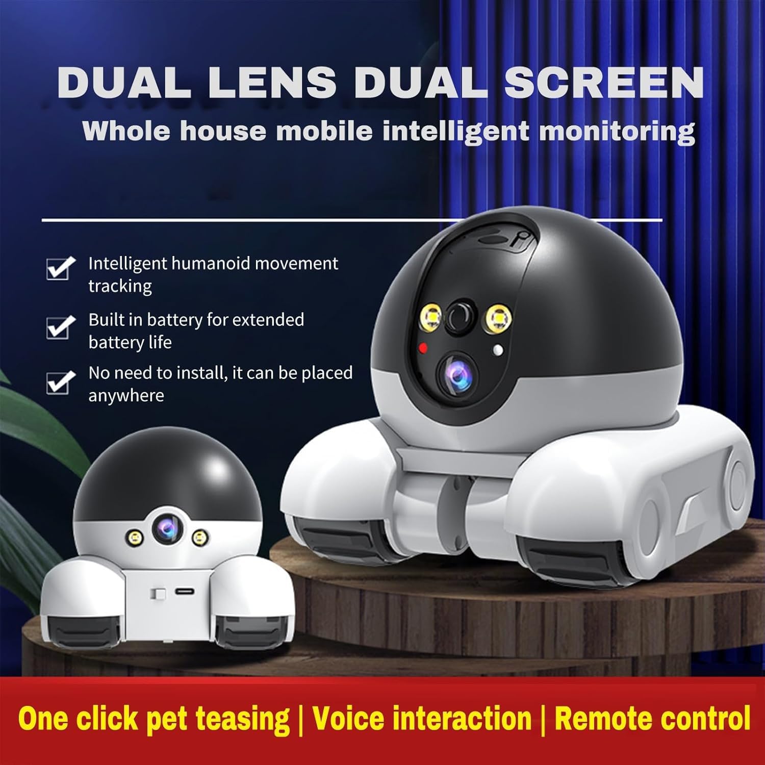 Telecamera di sicurezza domestica per animali domestici, 1080P, telecamera mobile per interni, conversazione a 2 vie, rilevamento del movimento, visione notturna, telecamere mobili wireless con