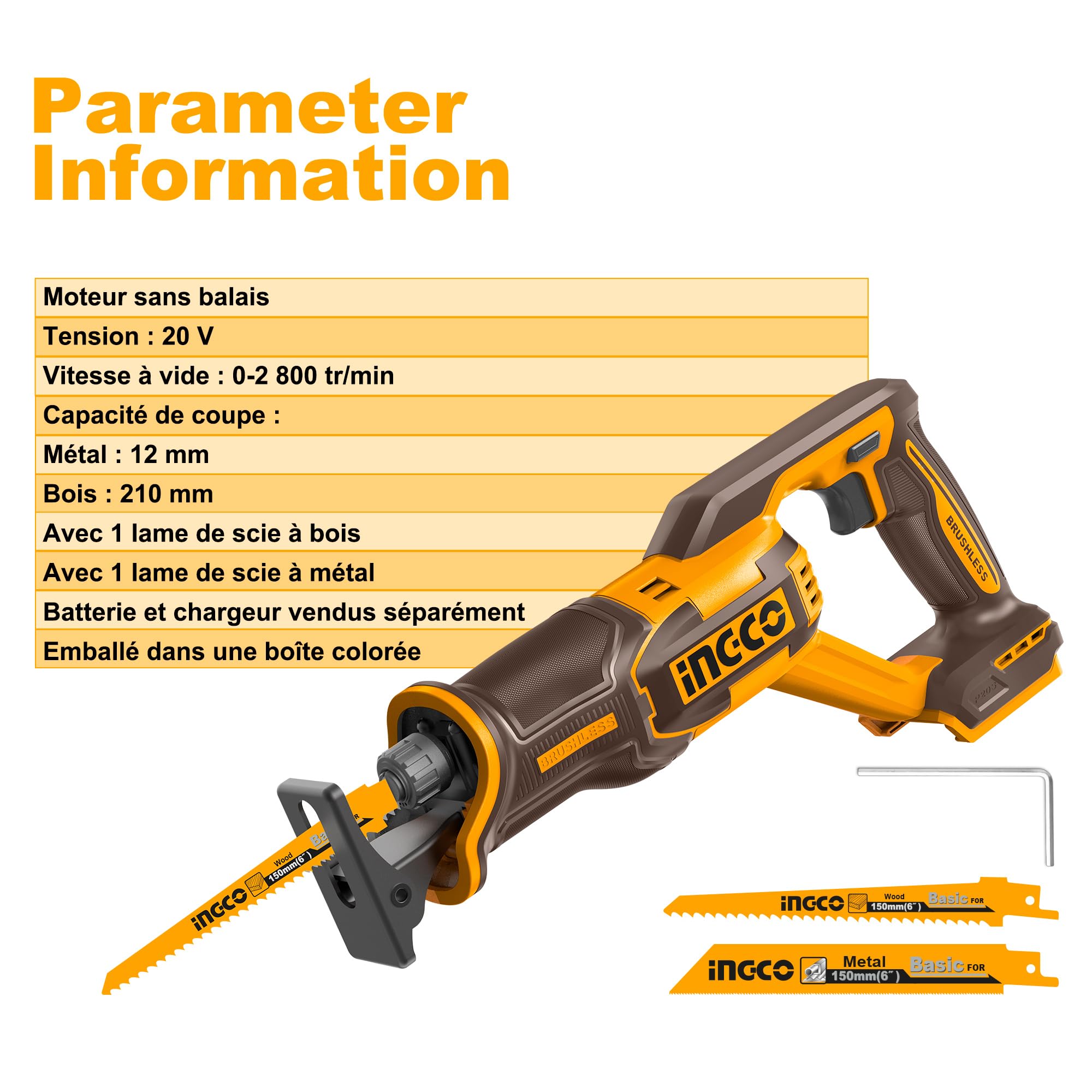 INGCO Scie Sabre Sans Fil 20V (Produit Seul) Moteur Sans Balais, 0-2800 tr/min, Capacités de coupe: 12mm Métal, 210mm Bois, avec 2 Lames de Scie Idéal pour Couper Bois, Métal et PVC CRSLI2108