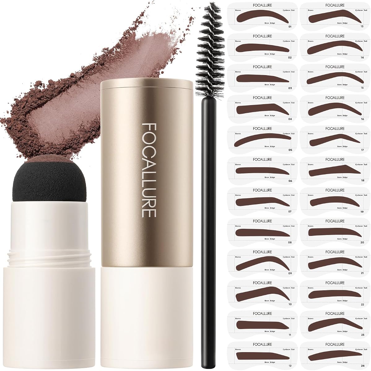 FOCALLURE Kit de sellos para cejas y plantillas para cejas, 24 formas de cejas reutilizables, polvo para cejas a prueba de sudor, de larga duración, fácil de usar, rellena y da forma al maquillaje de cejas perfecto, MARRÓN MEDIO
