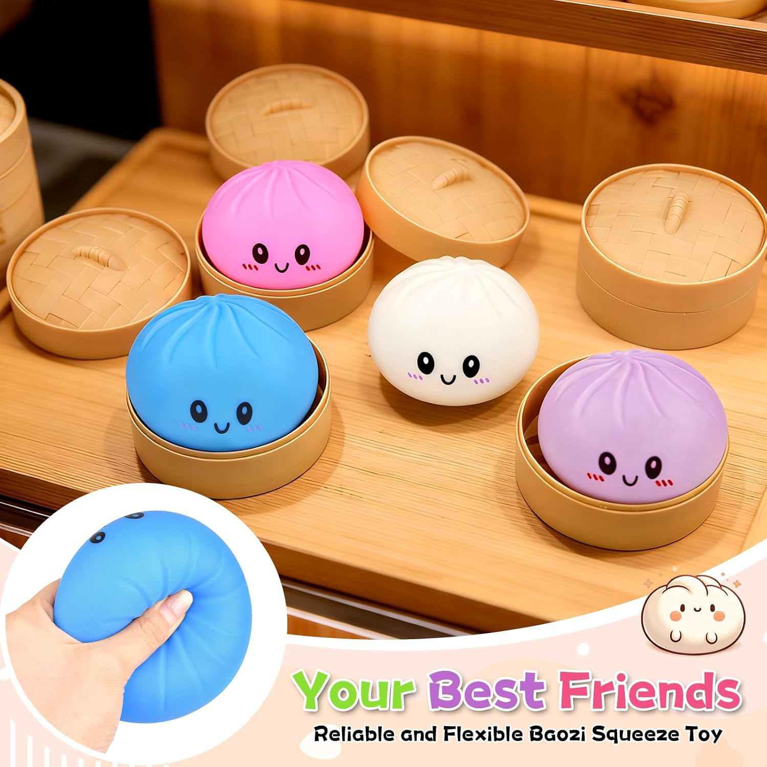 Dumpling Squishys, 9cm Squishys Dumpling con Vaporiera, Divertente Giocattoli Sensoriali, Antistresse Fidget Toys per Adulti, Regalos per Compleanno e Pasqua (1 Pezzi) - 3