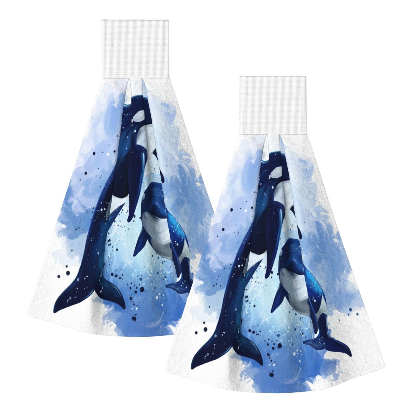 DOPKLNA Watercolor Two Killer Whales, 2 Pcs Hanging Coral Fiber Hand Towels for Bathroom, Absorbent Kitchen Towels