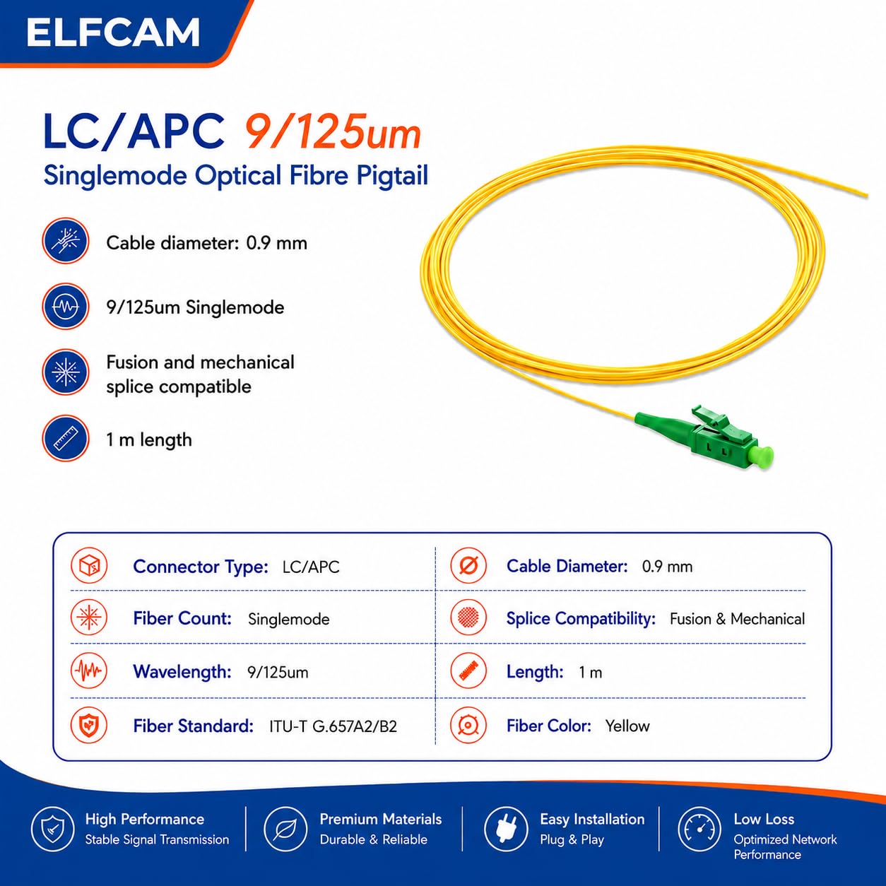 Elfcam® - Pigtail a fibra ottica monomodale Simplex LC/APC Monomodale Simplex 9/125um OS2, 0,9mm 1 metro (lotto da 24, giallo)