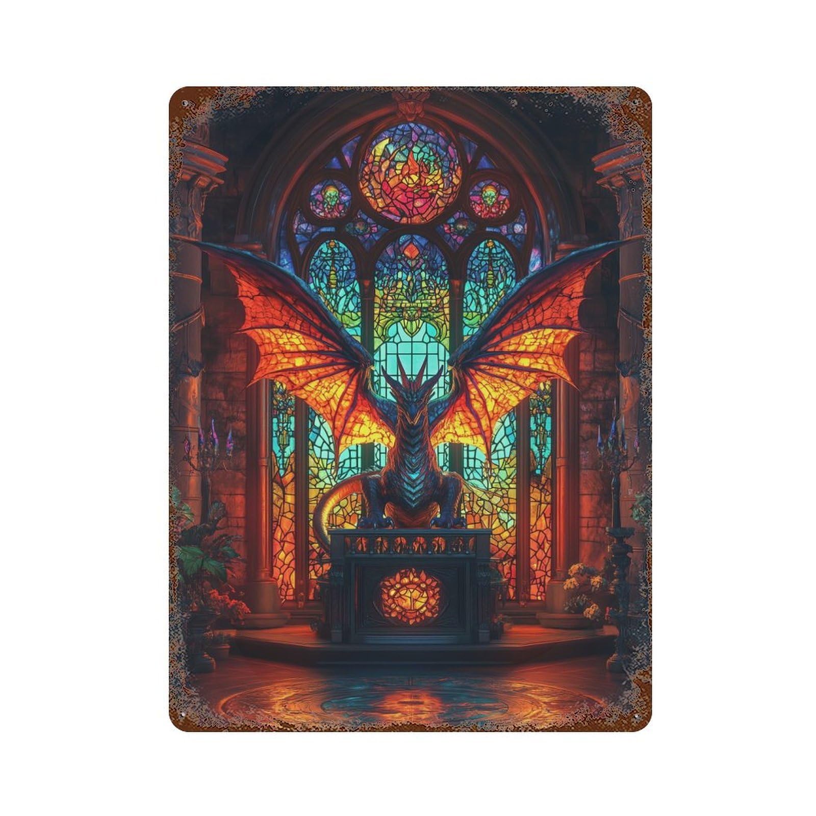 Garage Style Dragon Statue in Gothic Hall Vintage Rust Metal Sign 15.7"x11.8", Shabby Chic Decor for Bar And Workshop