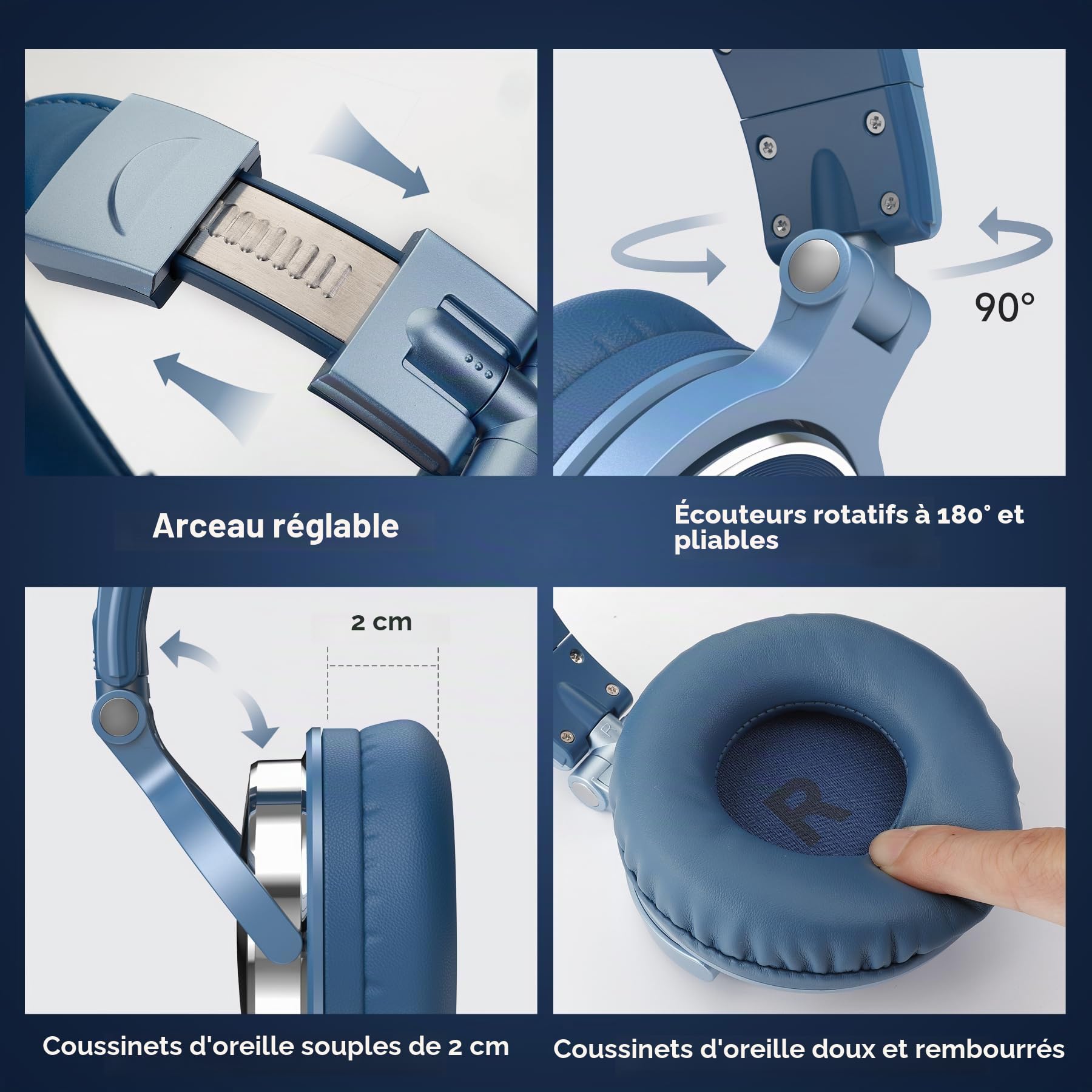 OneOdio Casque Supra-auriculaire avec câble, Haut-Parleur 50 mm, Basses, Jack 6,35 et 3,5 mm, Port de Partage, pour Studio DJ, Podcast, Moniteur, téléphone Portable, PC, MP3/4 (Pro-10 Bleu Ciel)