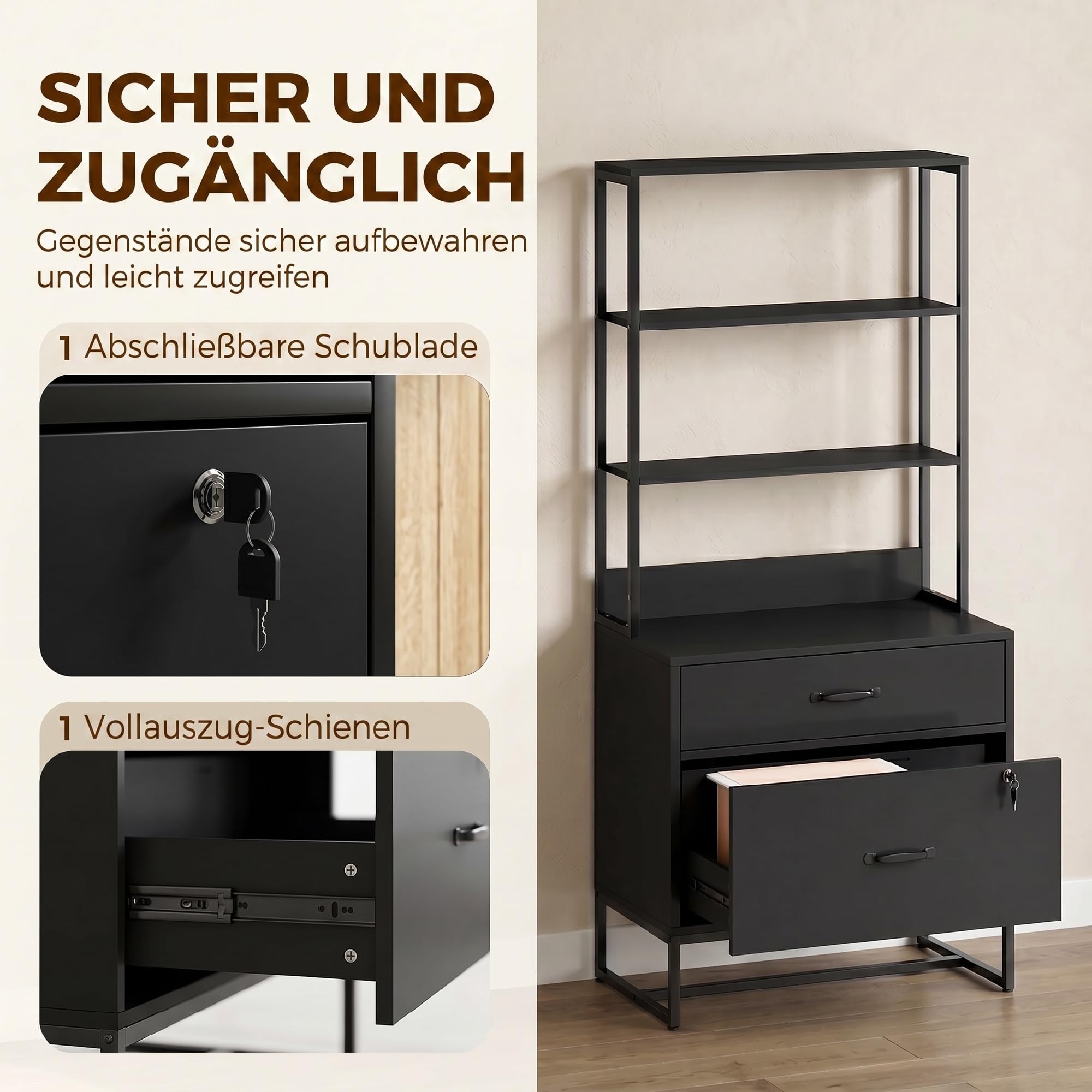 HOMCOM Aktenschrank Abschließbar Büroschrank 70 x 40 x 157 cm Schwarz