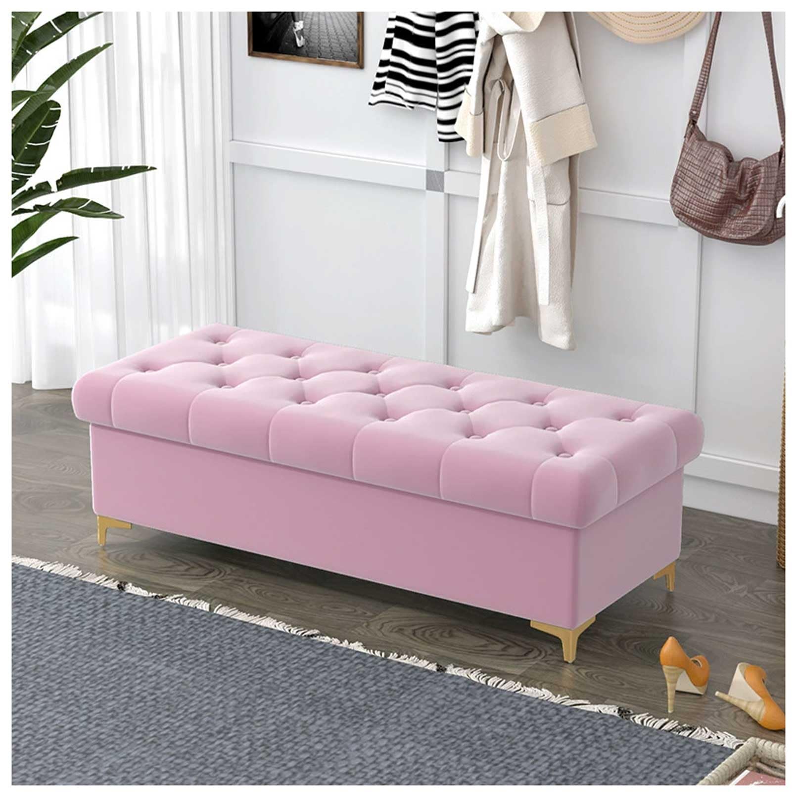 MSHGSKU Velvet Storage Bench Ottoman for Bedroom Shoe Rack & Footrest Stylish Pink Pouf for Clothing Store Home & Hotel 120x40x40cm Chic Design & Comfort
