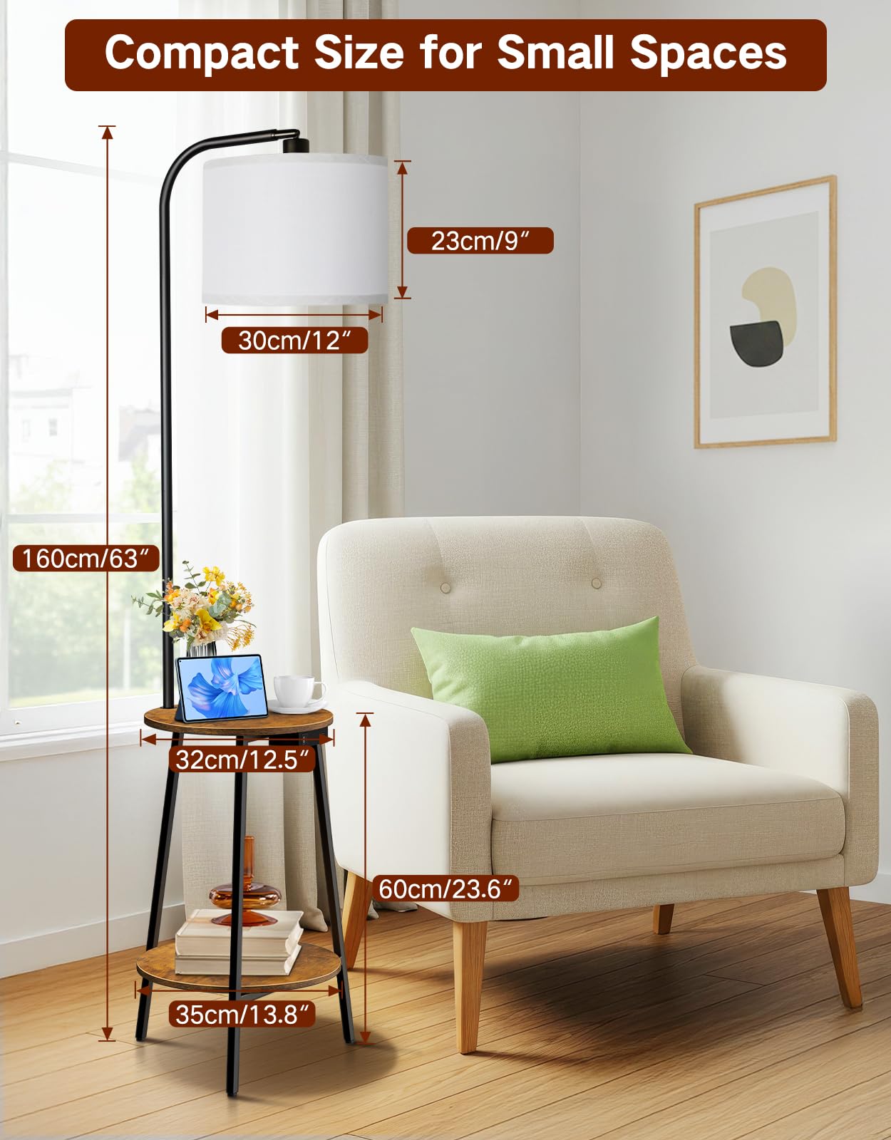 Lampada da Terra con Tavolino, LED Dimmerabile con Telecomando, 3 Temperature Colore, Mensola con Ricarica USB per Soggiorno Camera Ufficio (Marrone Rustico Rotondo)