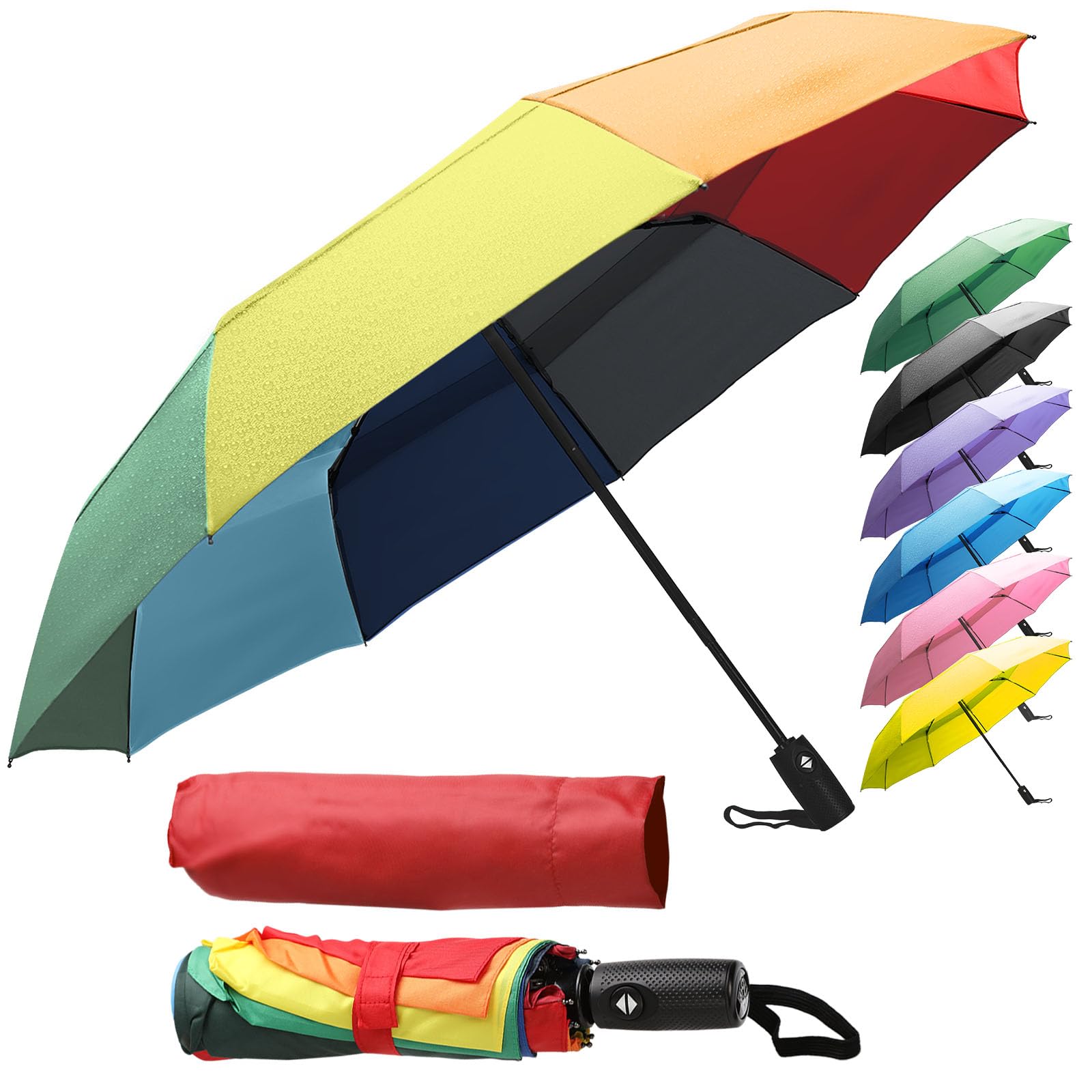 ZENO Travel Umbrella Compact - Small Umbrella for Backpack & Purse, Portable Automatic Umbrellas for Rain, Windproof, Reinforced Fiberglass Ribs, Water-Repellent Teflon, Rainbow
