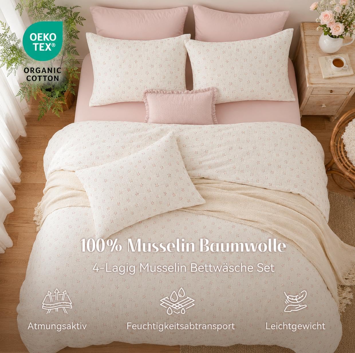 Lanqinglv Musselin Bettwäsche 135x200 Baumwolle Rosa Blumen,Leinenoptik | ÖKO-TEX Zertifiziert,für Allergiker,4 Jahreszeiten Set,Atmungsaktiv Bettbezug 1 Kissenbezüge 80x80 mit Reißverschluss