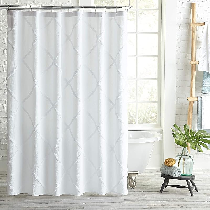 Lattice Chenille Shower Curtain 72 x 72 White 1-Piece | Cotton Fabric