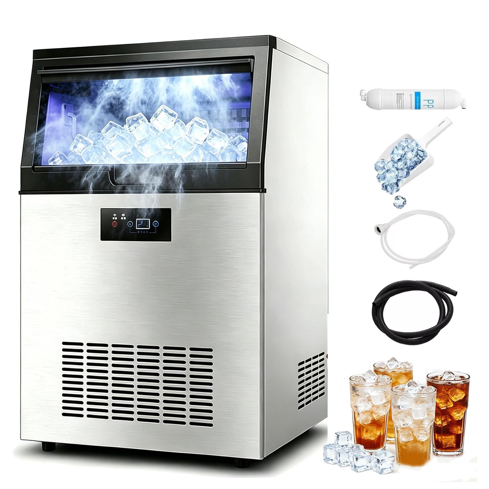 Macchina del Ghiaccio Professionale 60kg/24H Macchina per Ghiaccio da Tavolo Commerciale Fabbricatore Ghiaccio con Schermo LCD,per Casa/Ufficio/Ristorante/Bar/Caffetteria