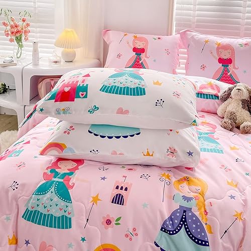 Miniatura 8 de Wajade Juego de edredón de princesa rosa para niños, cama en una bolsa, tamaño individual, 7 piezas, castillo de cuentos de hadas de princesa, juego