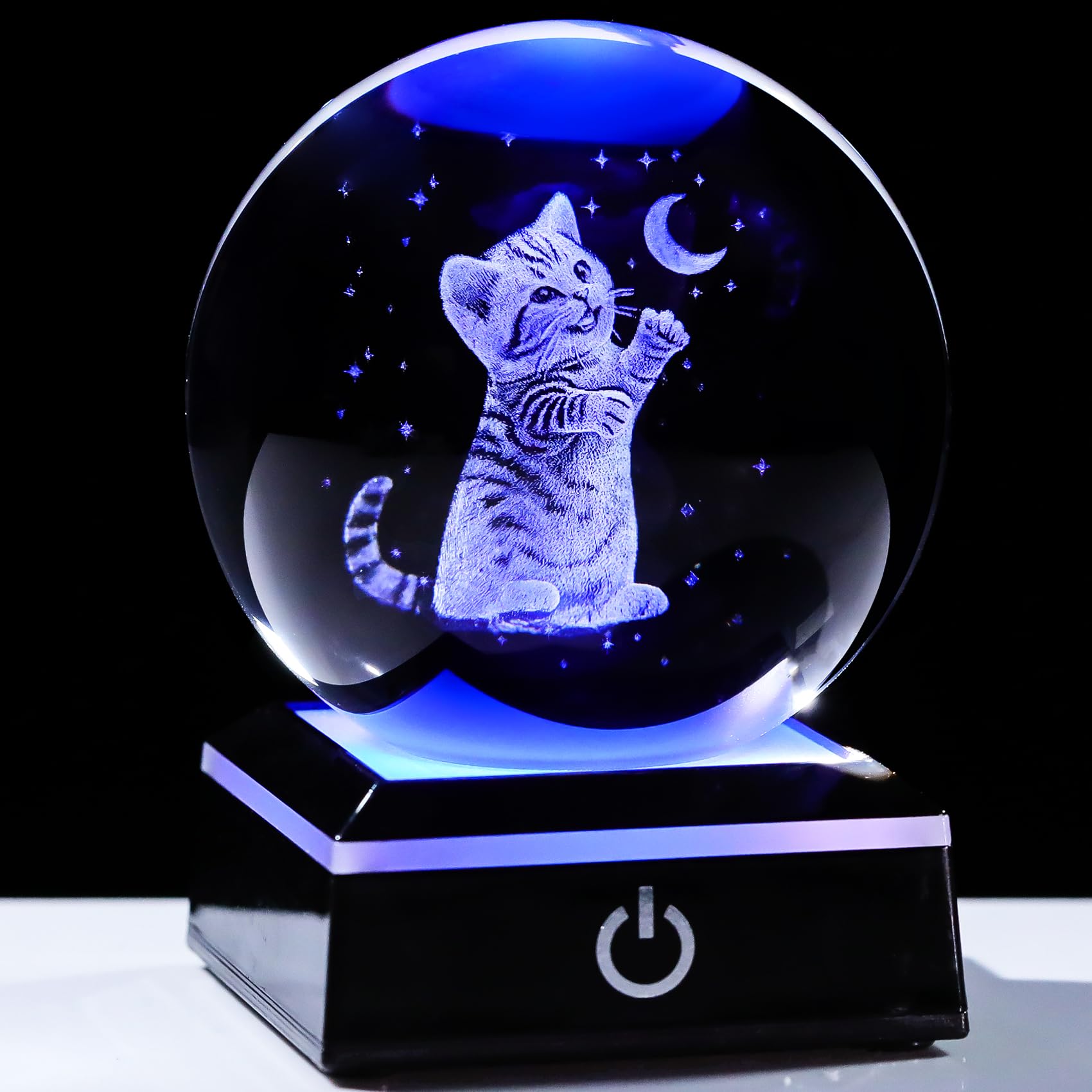 YWHL 3D Cat Moon Figurines 3.14in Crystal Ball with Colorful LED Base Cute Cats Lover Gifts for Women Men Kitten Snow Globe Gift on Birthday Mothers Day Engraved Glass Cat Collection Sphere Home Decor