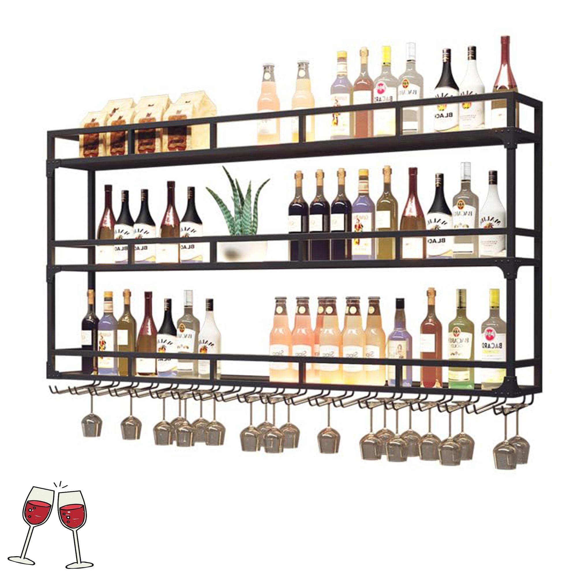 Portabottiglie Porta Bottiglie di Vino da Parete Portabicchieri con con Luce Cantinetta Vino con Porta Bicchieri Sospesi Scaffale da Parete con Porta Calici Mobile Bar per Cucina Sala da Pranzo Bar(Bl