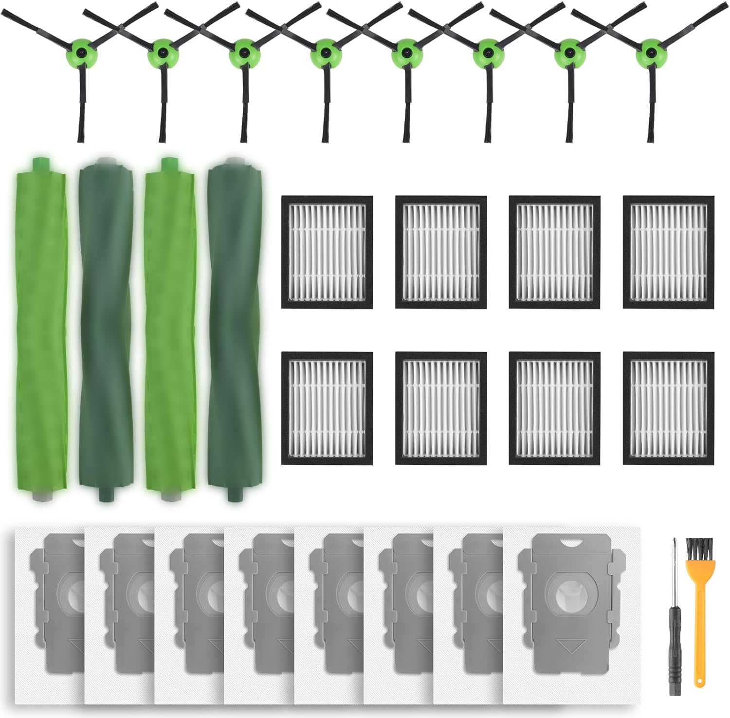 Replacement Parts for iRobot Roomba i2 i3 i3+ i4 i4+ i6 i6+ i7 i7+ i8 i8+/Plus E5 E6 E7, Robot Vacuum Accessories, 2 Set Roller Brush 8 Filters 8 Side Brushes 8 Vacuum Bags