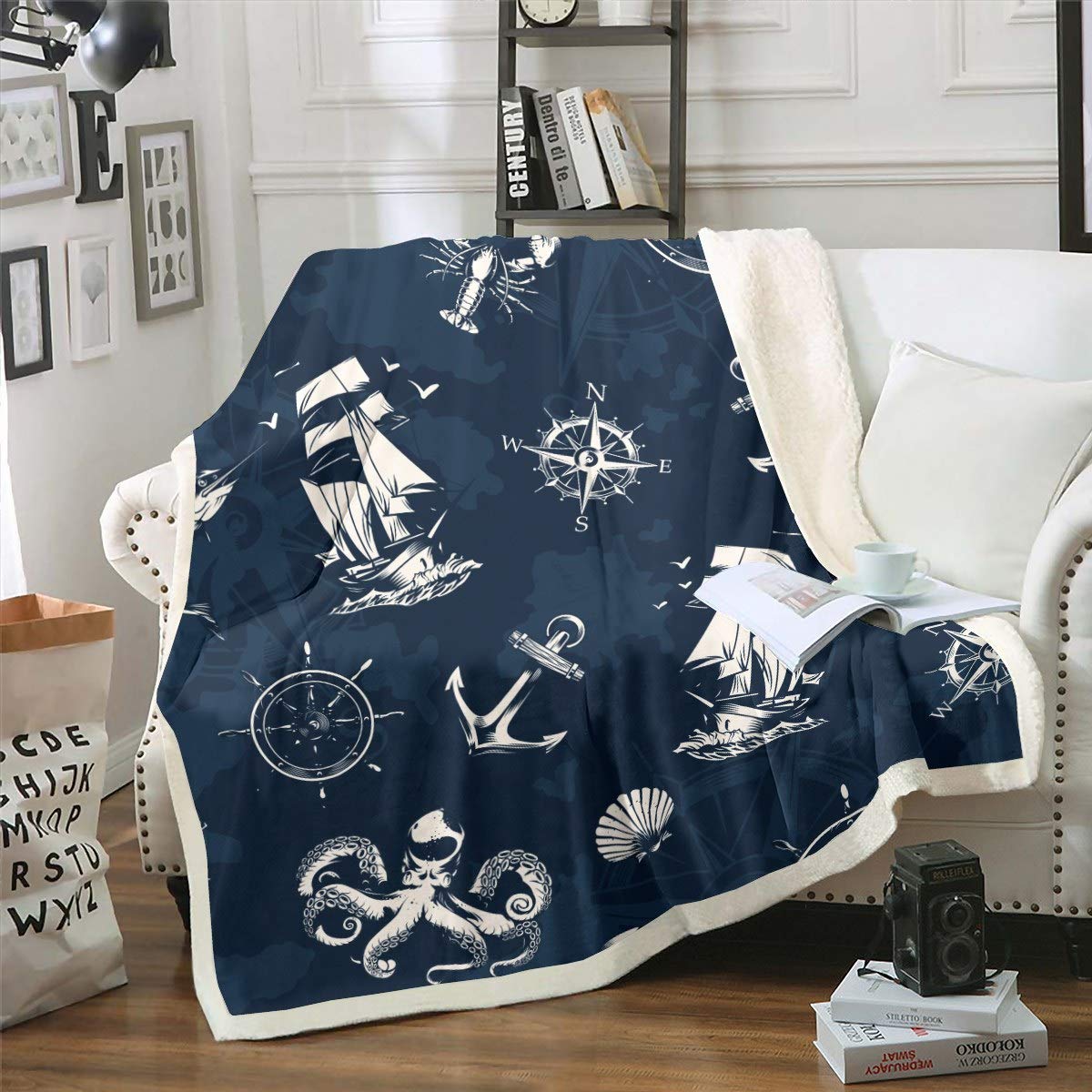 Loussiesd Multicolored 10010 Anchor Decor Fuzzy Blanket Nautical Theme Throw Blanket Compass Comforter Pattern Cover For Crib Bed Couch Teens Lightweight Sea Adventure Sherpa Blanket Double 60"X79" Reversible