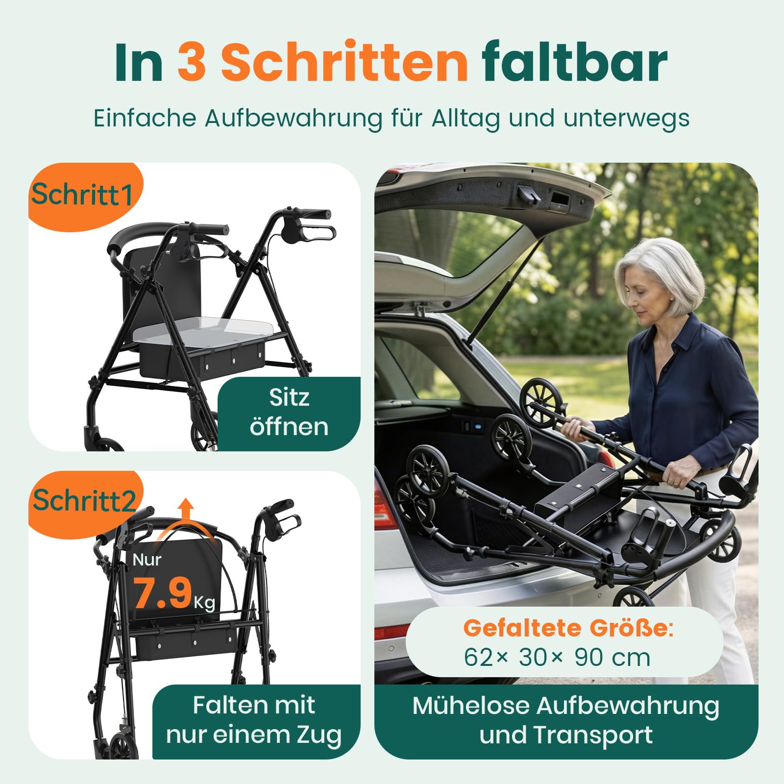 Rollator mit Sitz und Stauraum – leichter, faltbarer 4‑Rad Gehwagen mit Rahmen für Senioren und mobilitätseingeschränkte Personen, für Innen‑ & Außenbereich, Schwarz