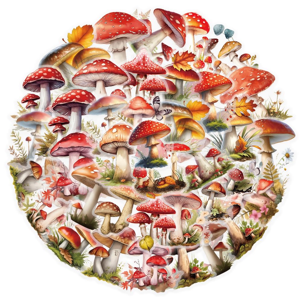 Colorful Mushroom Polyester Stickers, 50 PCS Waterproof Fantasy Plant Decals for Laptops, Scrapbooking, Journals, Notebooks, Water Bottles, Suitcases, Phones & DIY Decor