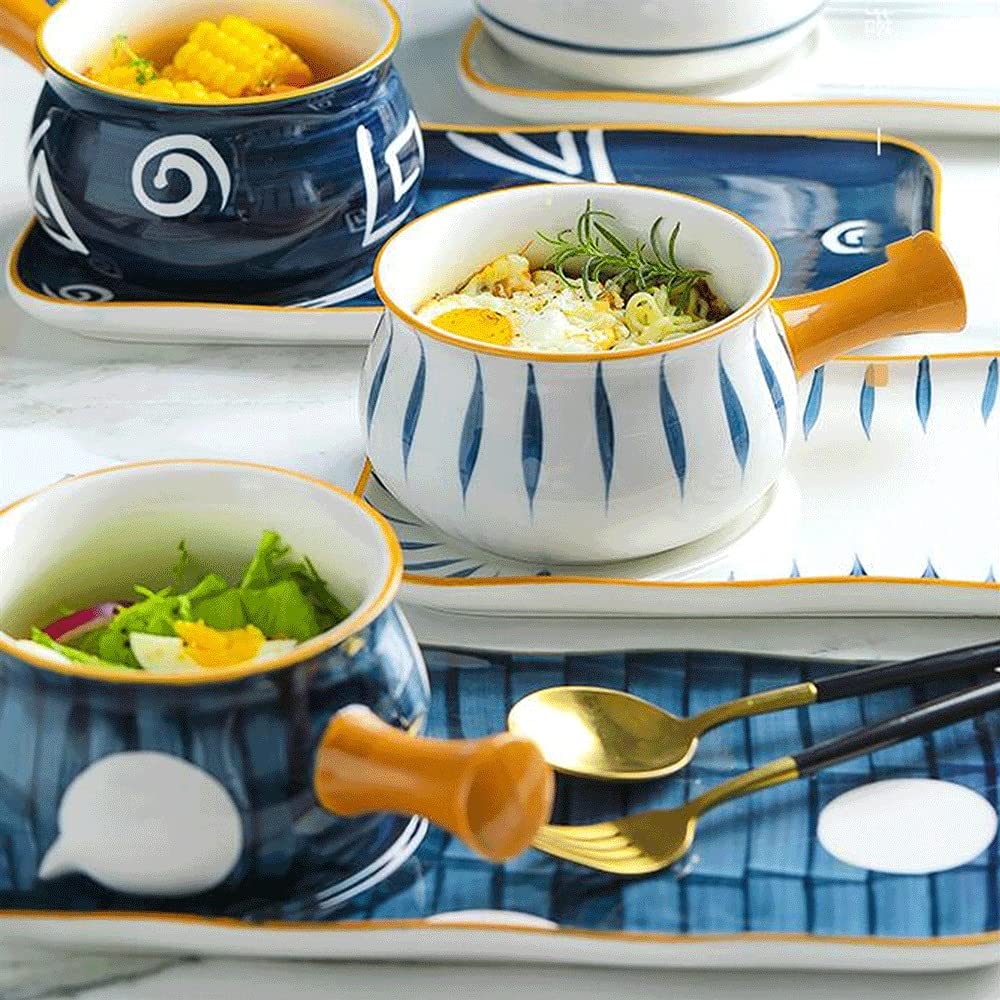 Teller- und Schüssel-Sets, Keramik-Reisschüssel, 18,5 x 8 cm, Haushaltsgeschirr, Frühstück mit Griff, Suppenschüssel, Restaurantgeschirr, 630 ml, geeignet für Spülmaschi