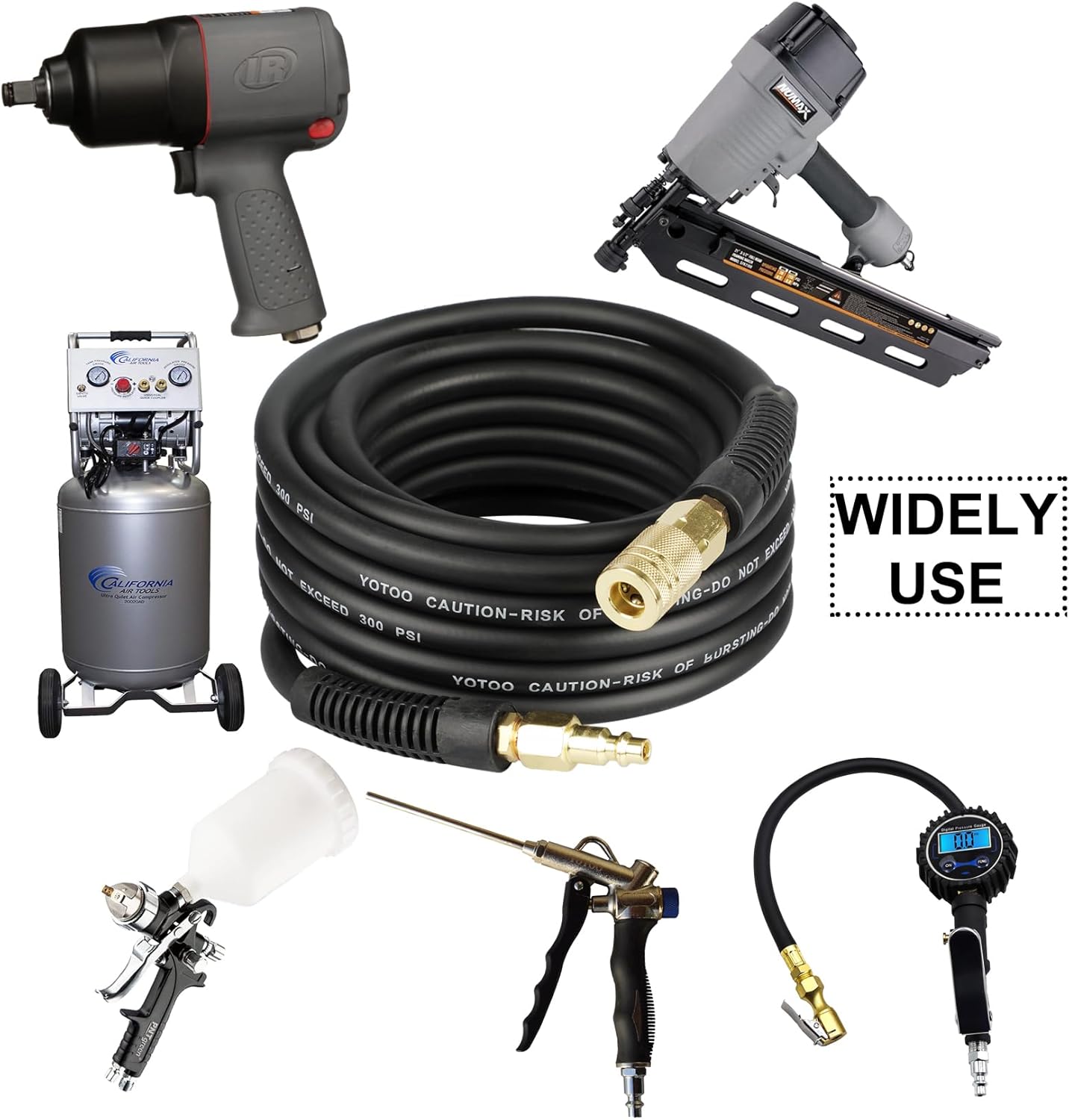 YOTOO Hybrid Air Hose, 1/4-Inch by 25-Feet 300 PSI Heavy Duty Air Compressor Hose, Lightweight, Kink Resistant, All-Weather Flexibility with 1/4" Industrial Air Fittings and Bend Restrictors, Black