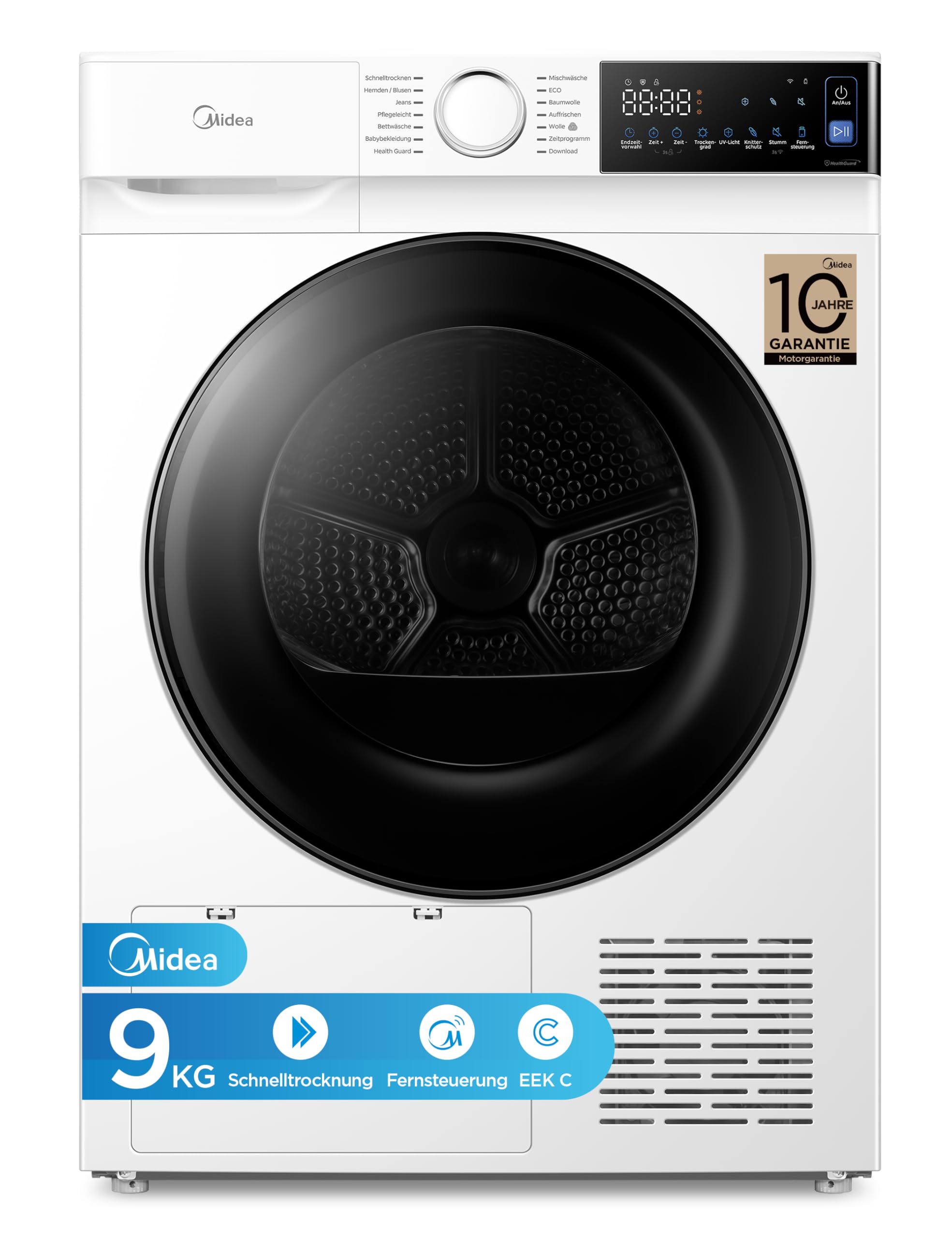 Midea Serie V5 Wärmepumpentrockner, 9 kg, Energieklasse C, WLAN-Steuerung, 30 Minuten Schnelltrocknung, UV-Desinfektion mit Milbenentfernung, Knitterschutz, Inverter-Motor, Weiß, MDV5EH90WBC