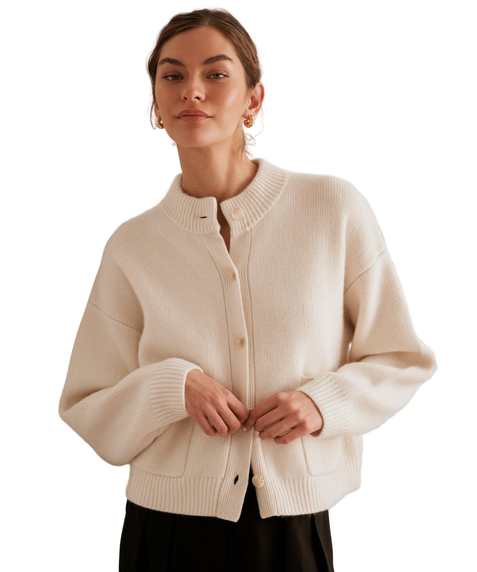 Photo 1 of NAADAM, Ultra Luxe 100% Cashmere High Neck Cardigan, White, M