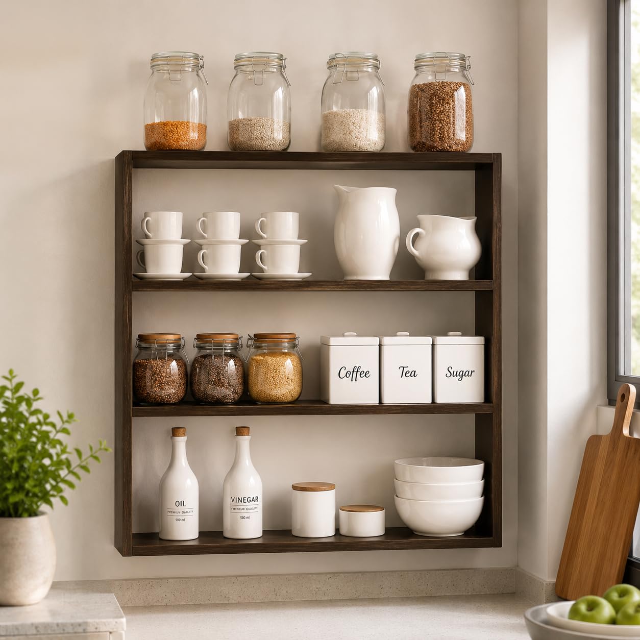 3-Tier Wall Shelf, Black, Engineered Wood, 24x24x5 Inch, Wall Mounted, Multi-Purpose Storage for Kitchen, Living Room, Bathroom (Brown, Engineered Wood)-image-44