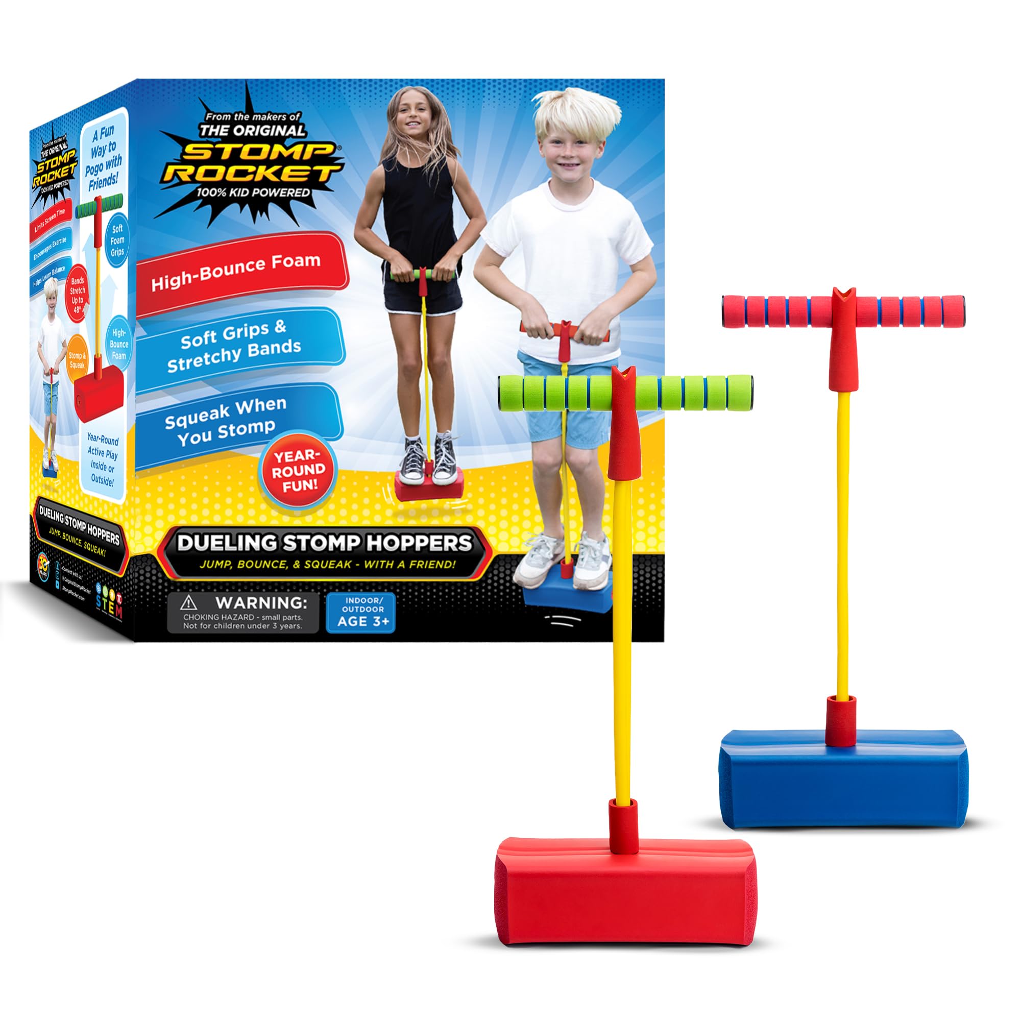Stomp Hopper Foam Pogo Stick for Kids 2 Pack - Jump, Bounce, Squeak!