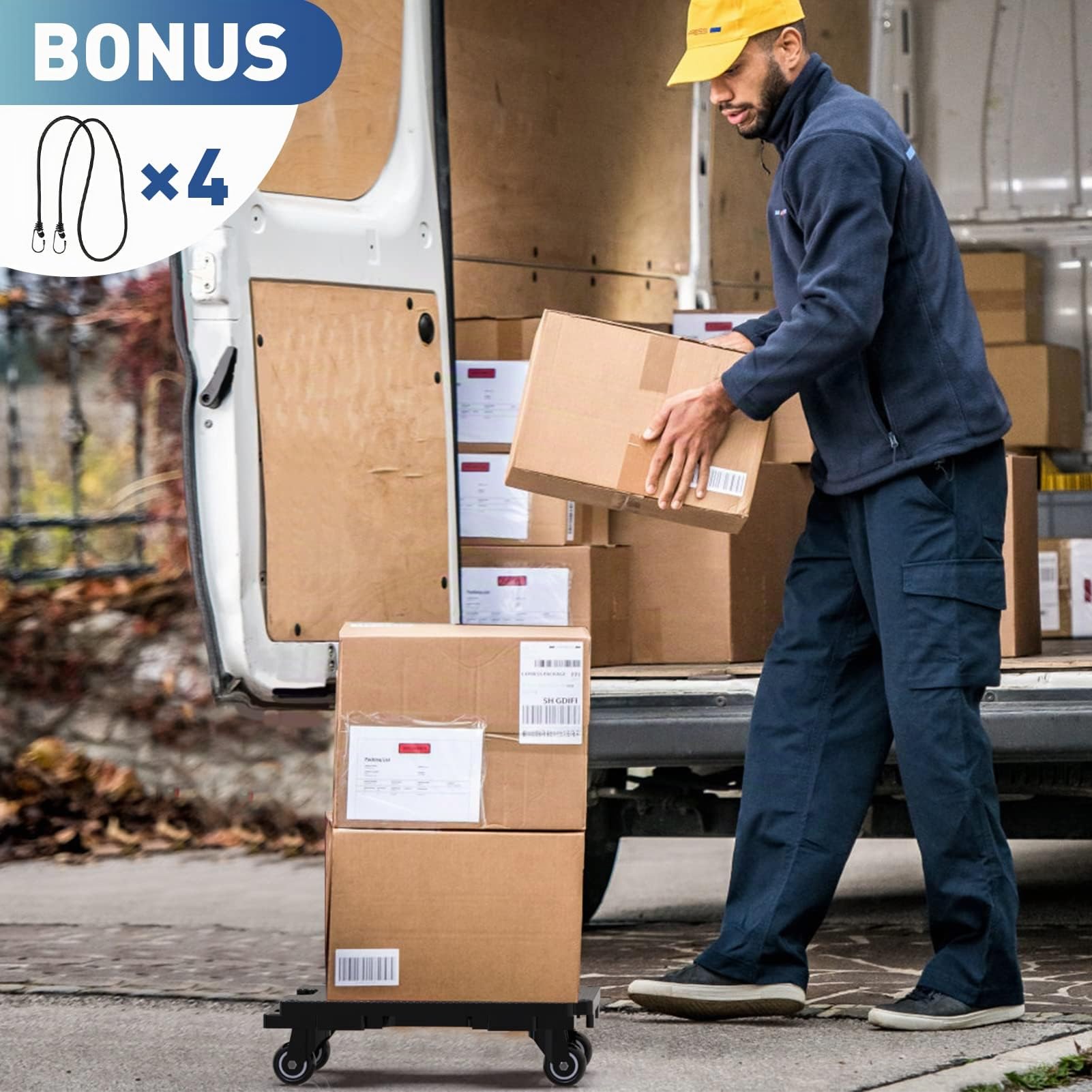 Ronlap 2er Transportroller Möbelroller Tragkraft bis 400 kg Rollbrett Umzugshelfer Erweiterbar, mit 4 elastischen Seilen, Schwarz