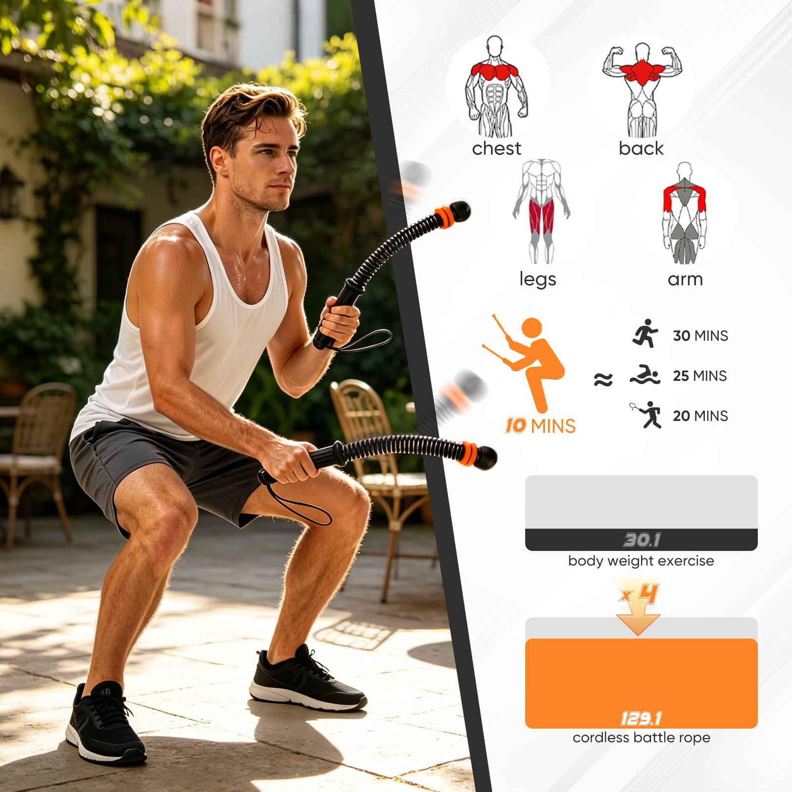 Gewichtetes Kampfseil, verstellbarer Gewichtsring, kabelloses Fitnessseil, hochfester Stahlkern, ergonomischer Softgummigriff, geräuscharmes Training zu Hause, Krafttraining & Ausdauer