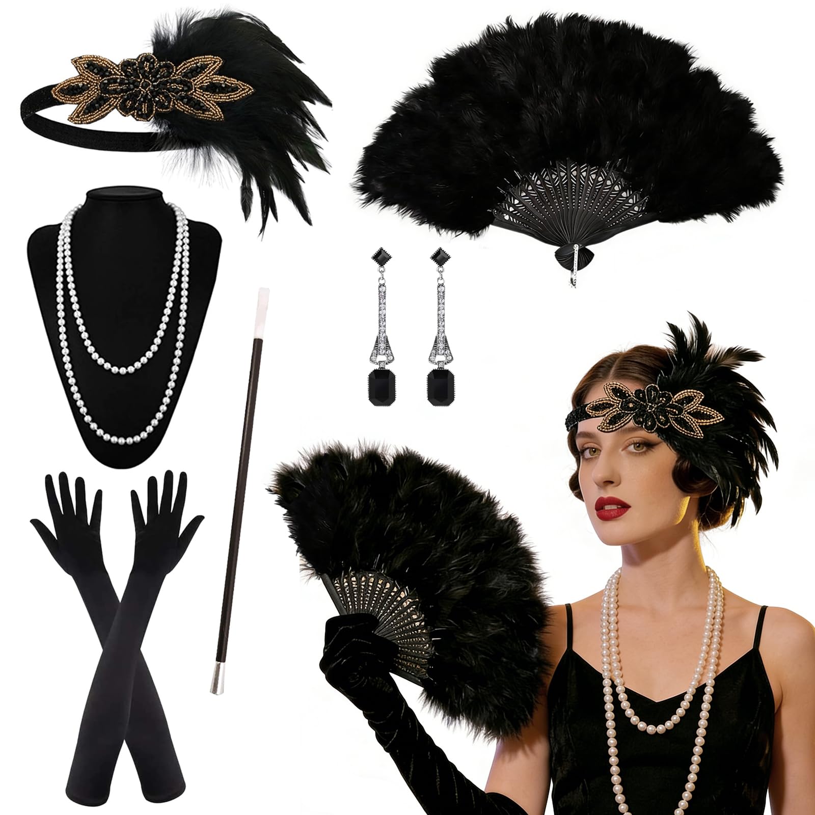 6Pcs 1920s Flapper Accessories for Women, Great Gatsby Costume Accessories Set with Feather Fan Headband Gloves Pearl Necklace Earrings for Roaring 20s Vintage Party Carnival Halloween (Black)