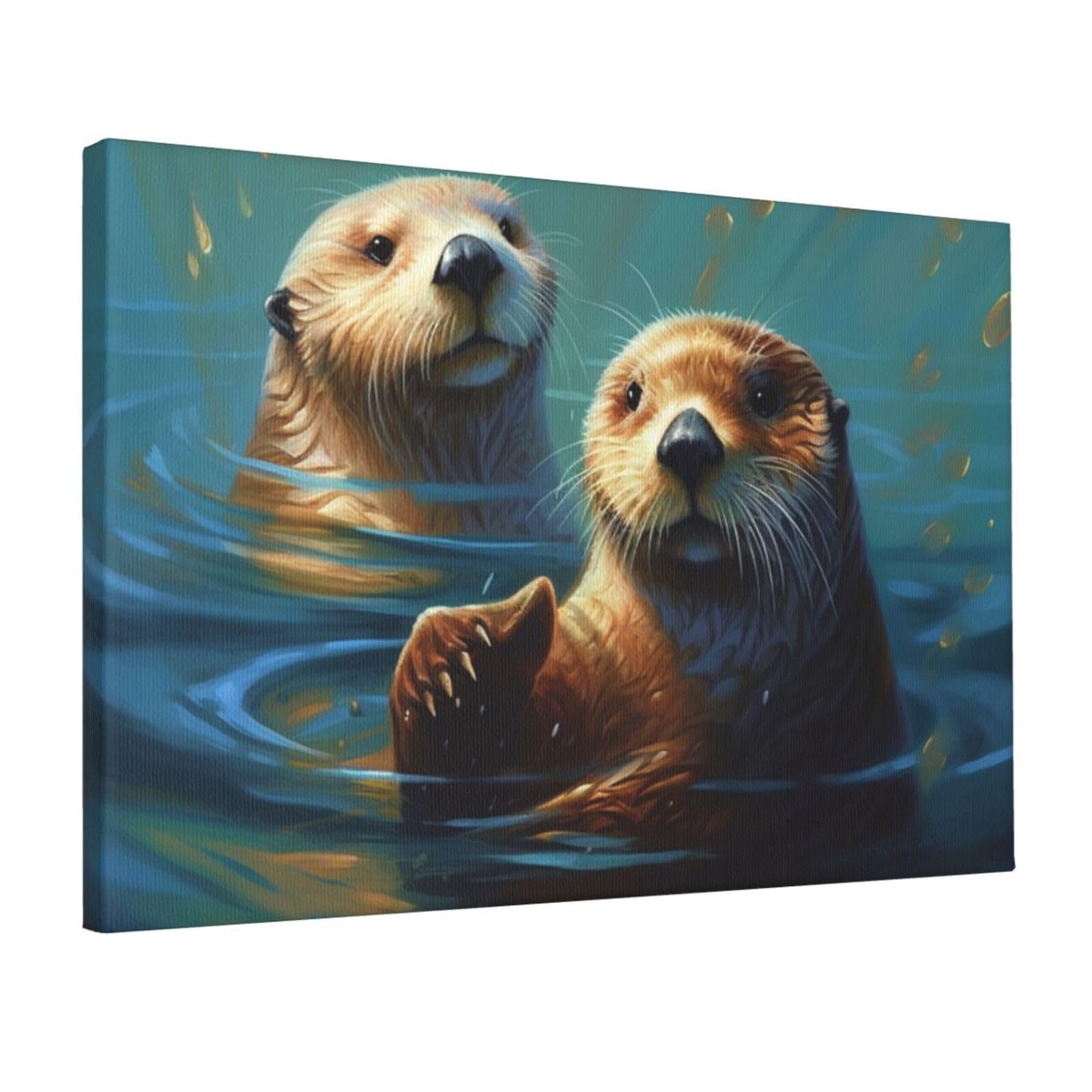 KLOPH Sea Otters Painting Canvas Wall Art for Living Room 12"x18" Modern Artwork Painting for Bathroom Hanging Canvas Prints Aesthetic Wallart for Bedroom Kitchen Office Wall Decor