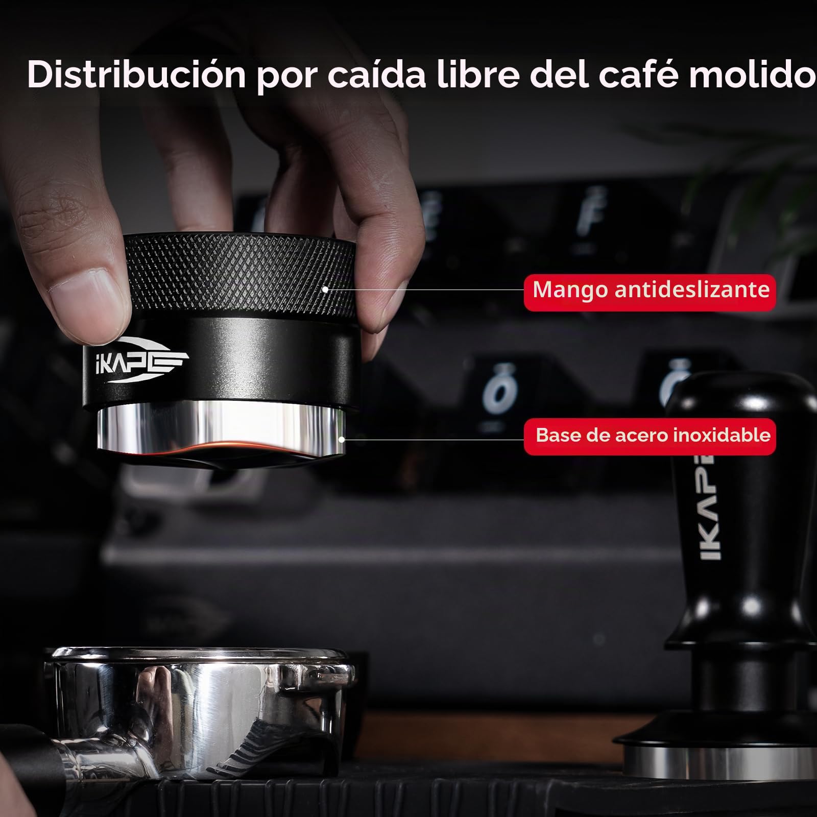 IKAPE Coffee Products, Distribuidor de café de 51 mm, distribuidor de espresso adaptable a la gravedad que se adapta a todos los portafiltros de espresso de 51 mm, compatible con portafiltro sin fondo