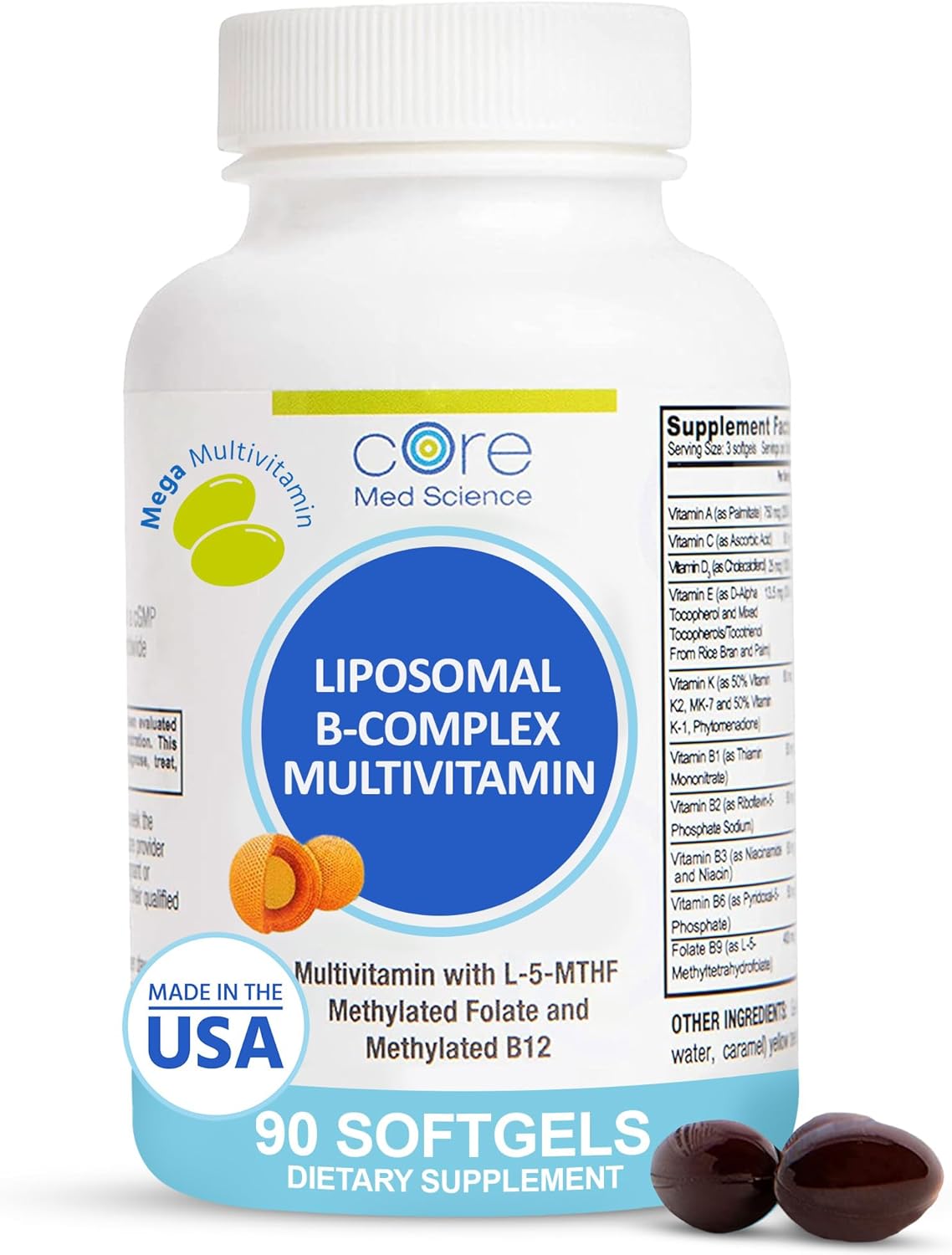 Core Med Science Liposomal Methylated Multivitamin B-Complex, 90 Softgels – Non-GMO Active Super B Complex Vitamin Supplement for Heart Health – VIT Methyl B Complex Immune Support Supplement
