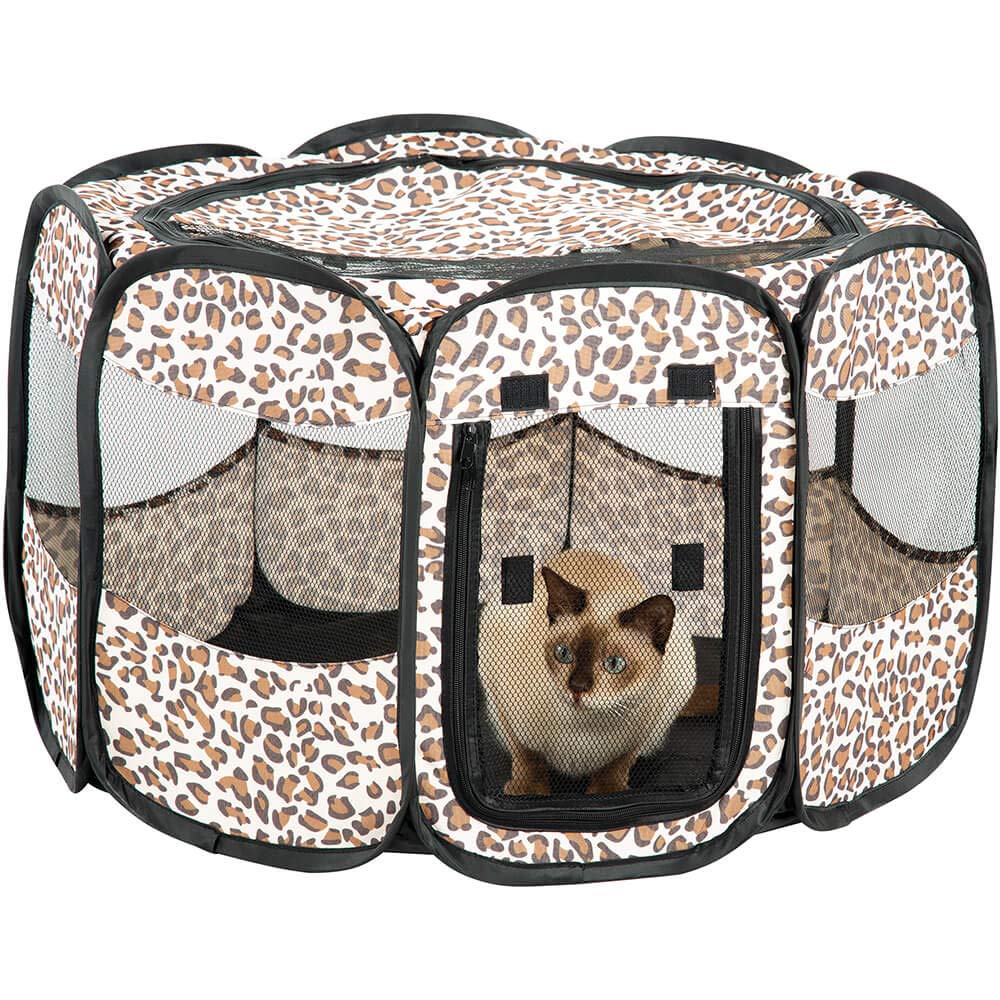 Lexi Home Etna Portable Small Pet Playpen for Dogs or Cat Leopard