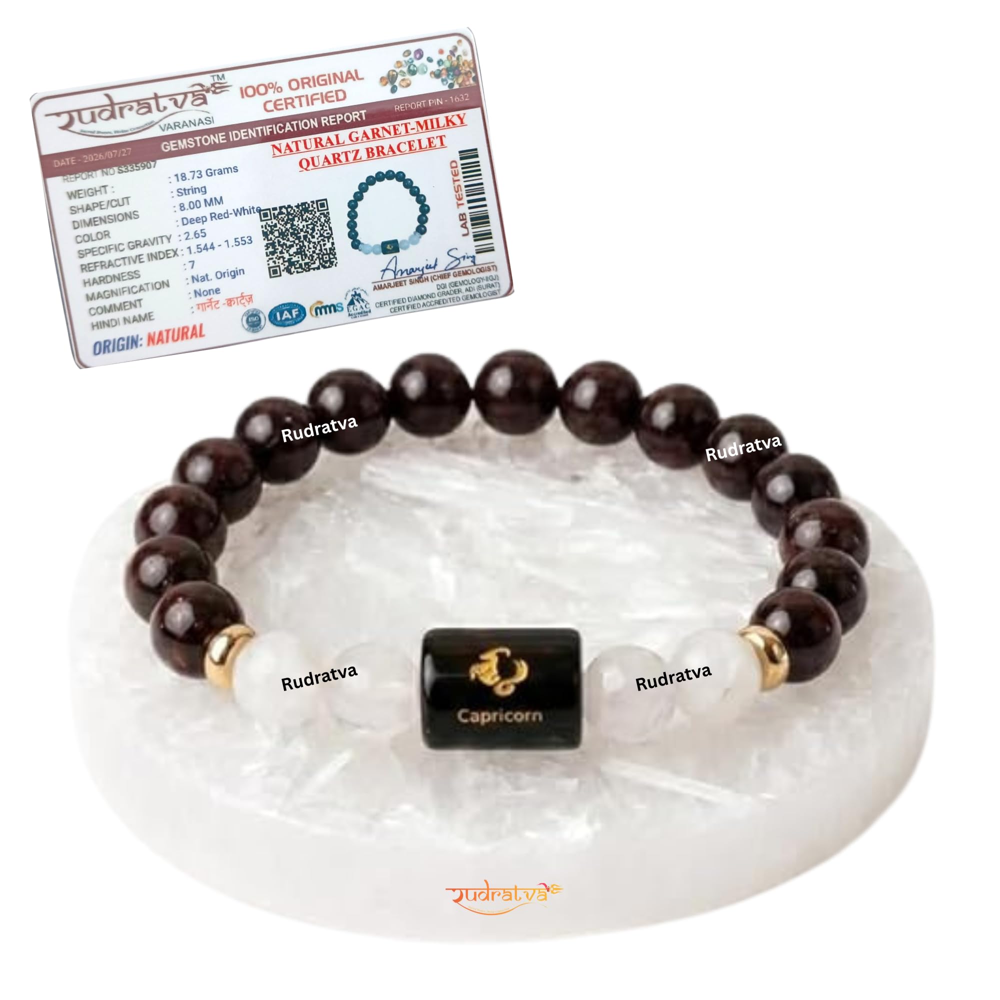 Capricorn (मकर राशि) Zodiac Bracelet with Raw Selenite Charging Plate | Certified Original Garnet & Milky Quartz Healing Crystal | Astrology Birthstone Crystal for Confidence & Positive Energy | Unisex Combo for Men & Women-image-3