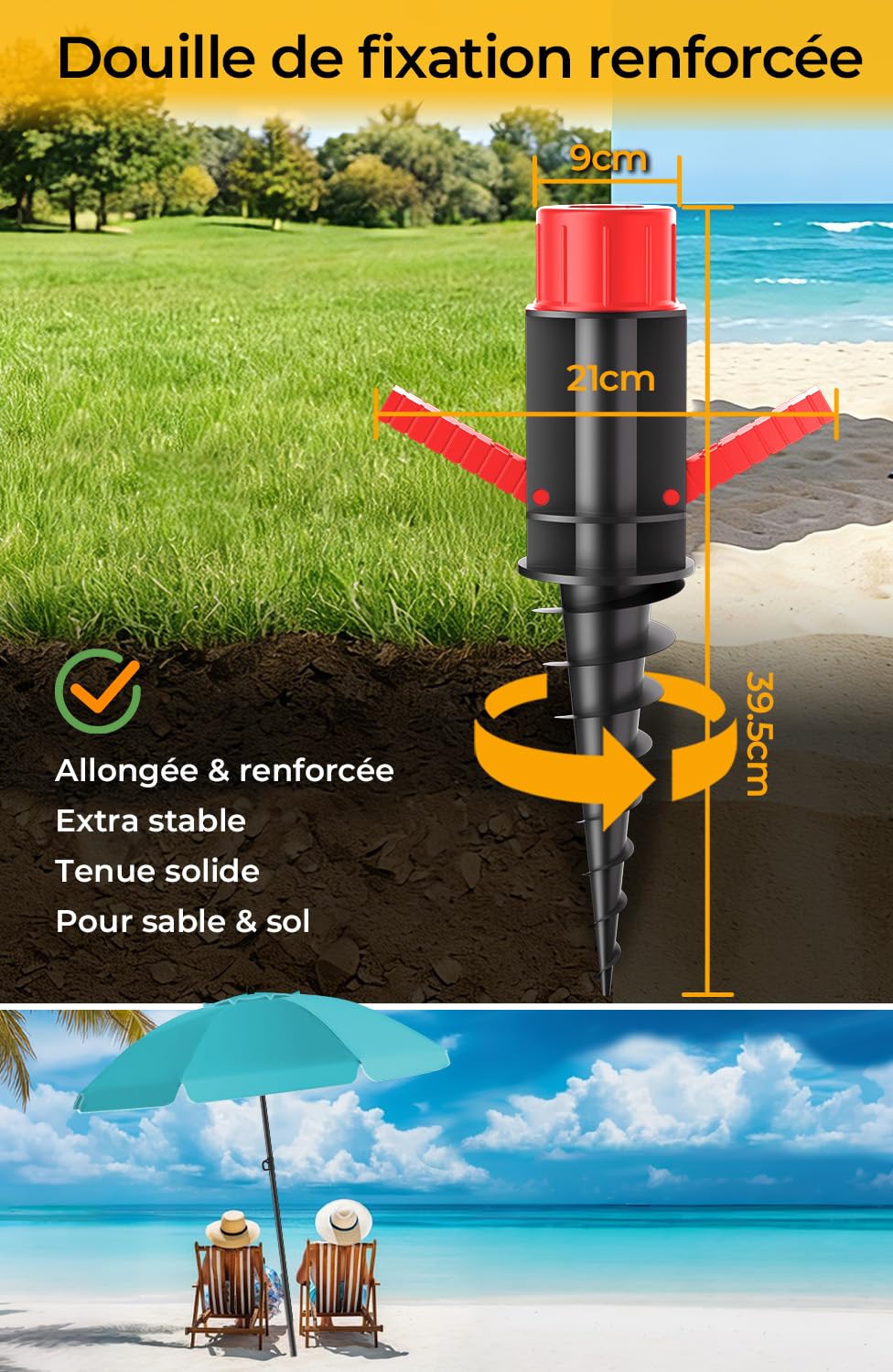 HOMEDEMO Parasol Plage Inclinable avec Revêtement Argenté, UV50+, avec Pieds de Parasol de Plage à hélice à Visser & Housse de Protection, pour Terrasse, Piscine, Marché, 200cm, Turquoise