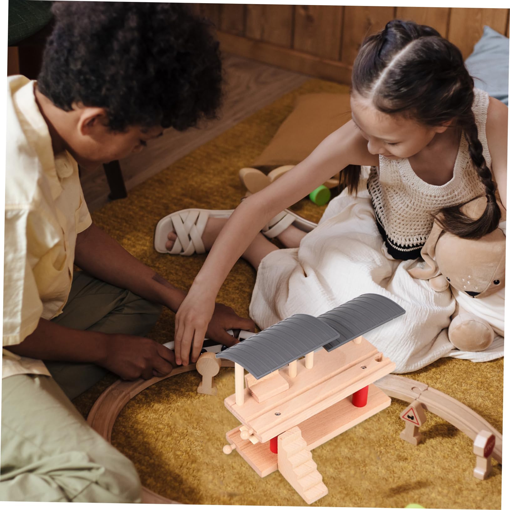 Piattaforma Ferroviaria in Legno a Doppio Livello, 1 Pezzo | Beige, Legno e Plastica, Accessorio per Pista, Ferrovia per Gioco Creativo