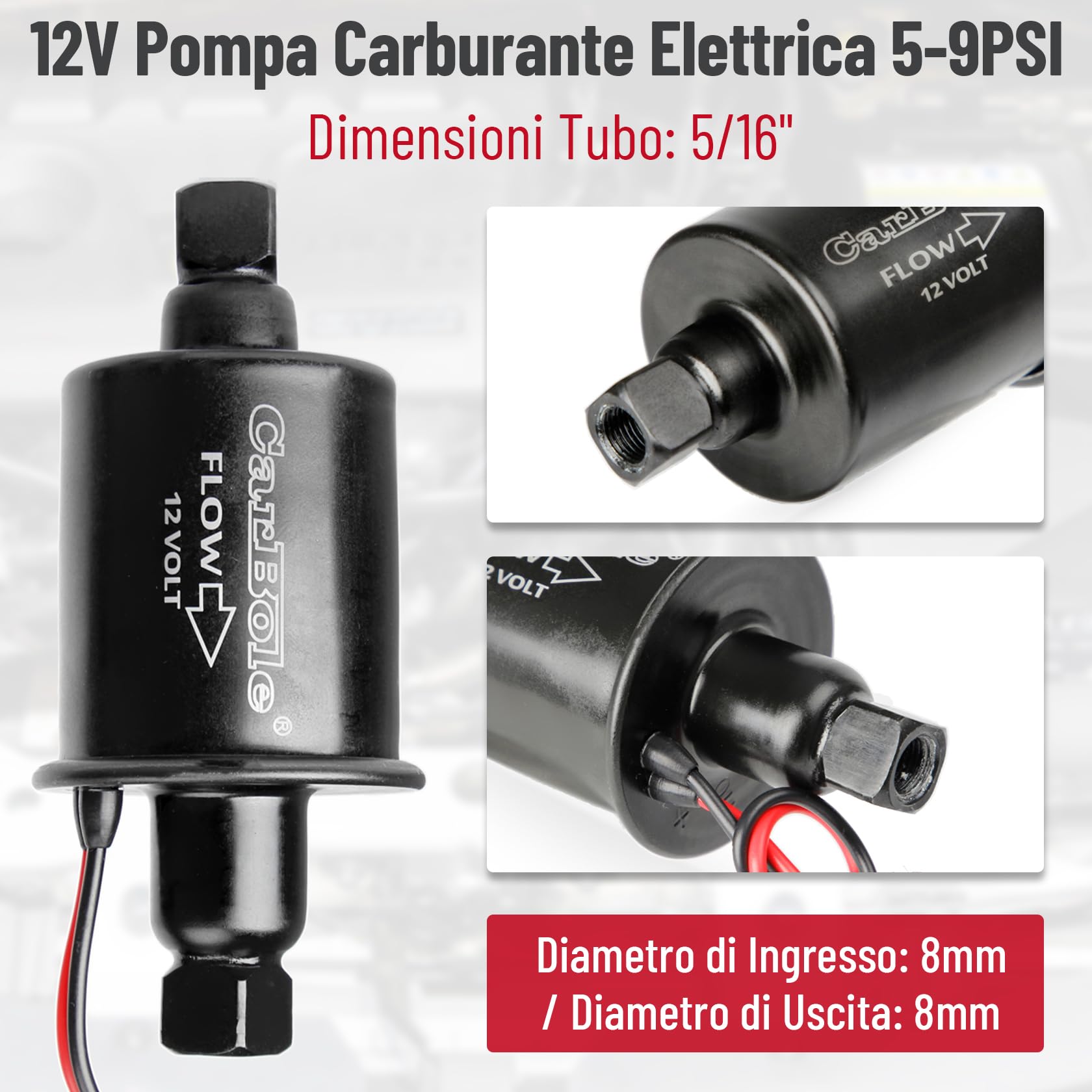 CarBole Pompa Carburante Elettrica 5-9 PSI,Pompa di Benzina Universale Adatta per Diesel e Benzina con Kit di Installazione,Filo di Rame Puro,Dimensioni di Ingresso e Uscita di 8mm,Nero